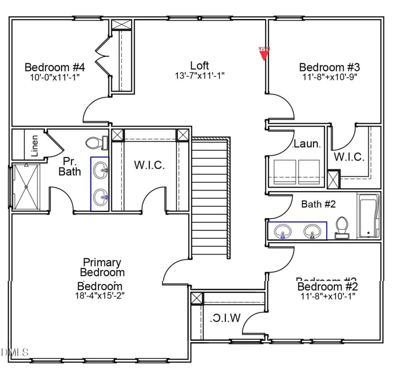 Second-floor house plan with four bedrooms, loft, laundry room, two bathrooms, linen closet, and walk-in closets in bedrooms. Stairs are central, with primary bedroom and attached bath on the left.