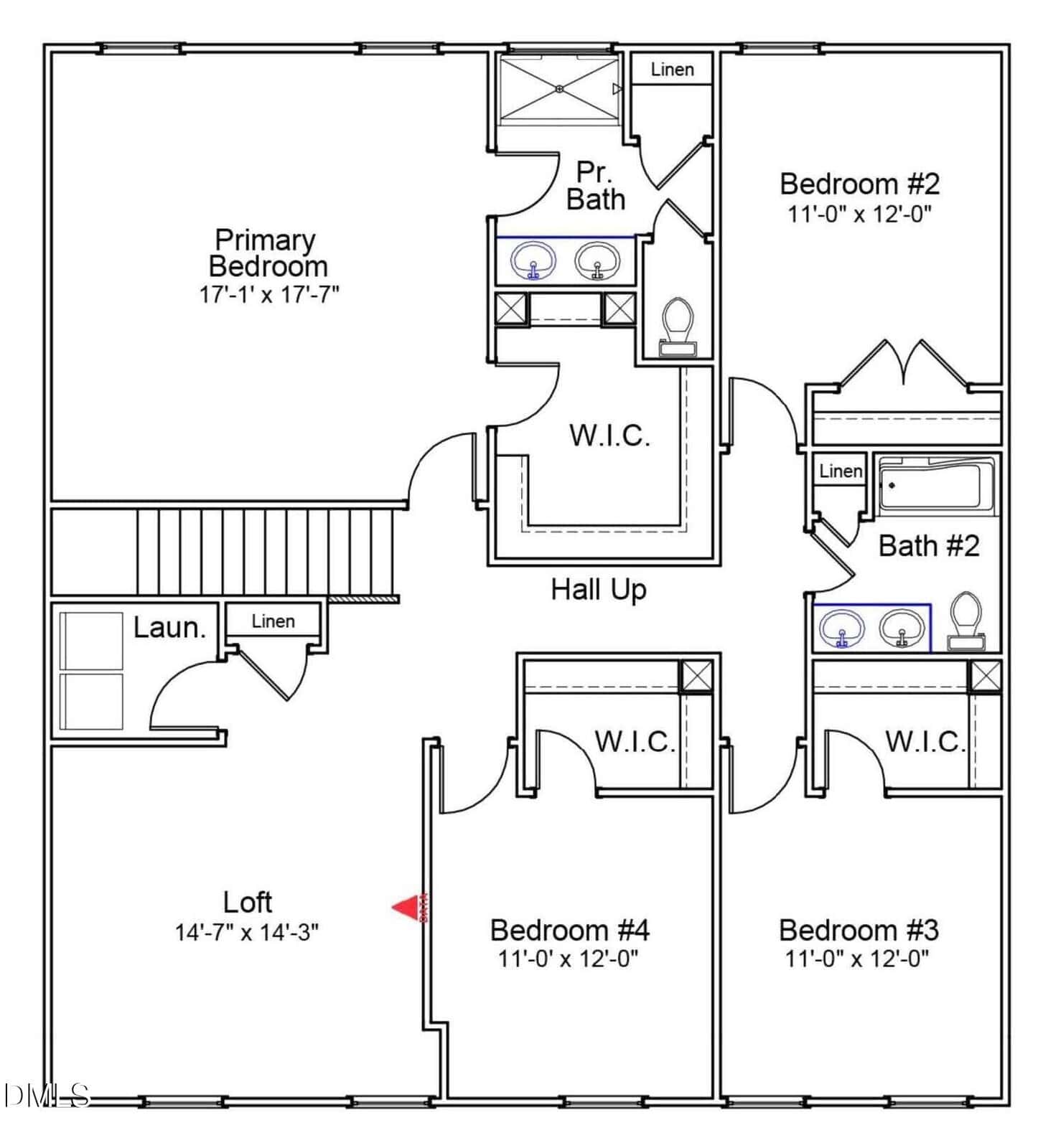 Second floor home layout with four bedrooms, including a primary suite, two full baths, laundry, linen closets, and a loft. W.I.C. (walk-in closets) in three bedrooms. Hallway connects all rooms.