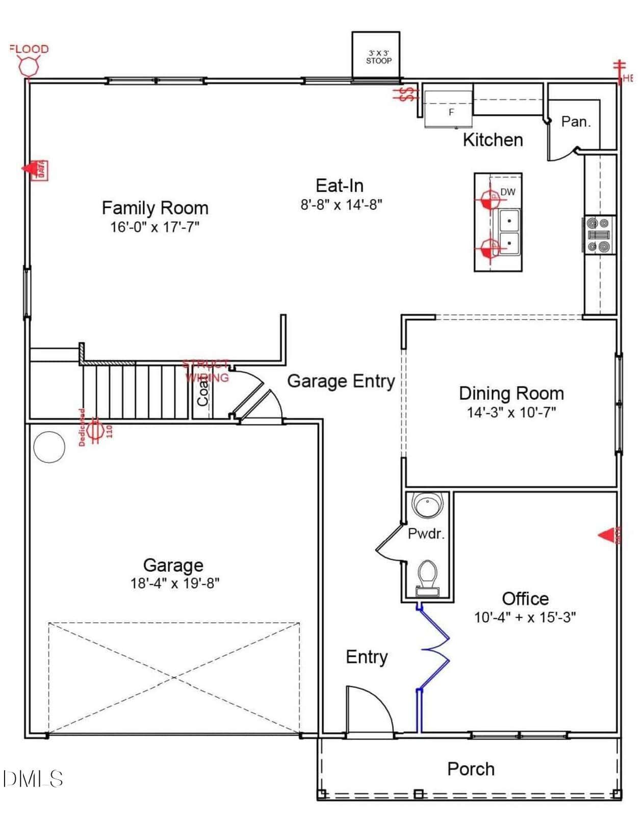 First floor house plan showing a porch, entry, office, dining room, eat-in area, kitchen with pantry, family room, powder room, garage, and garage entry, with labeled dimensions and door placements.