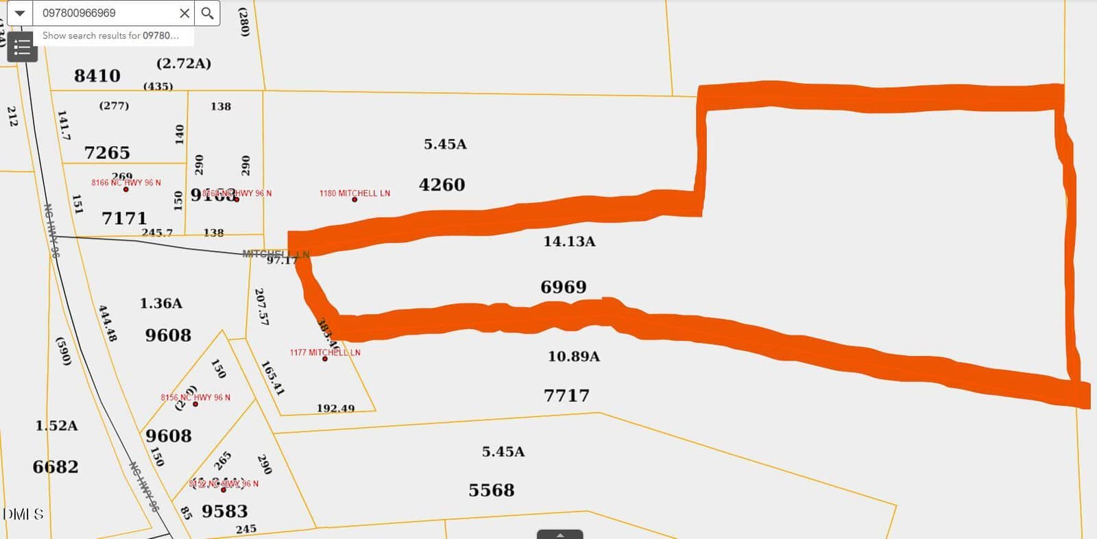 A property map showing multiple numbered plots, with plot 6969 outlined in bold orange, indicating an area of 14.13 acres, surrounded by other labeled plots and measurement lines.