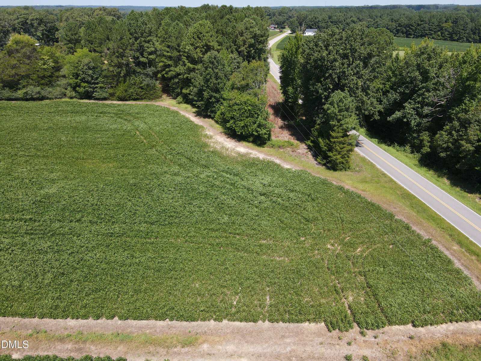 Aerial view of a rural landscape featuring a green field bordered by trees and a narrow, winding road. The scene is surrounded by dense forest and open countryside under a clear sky.