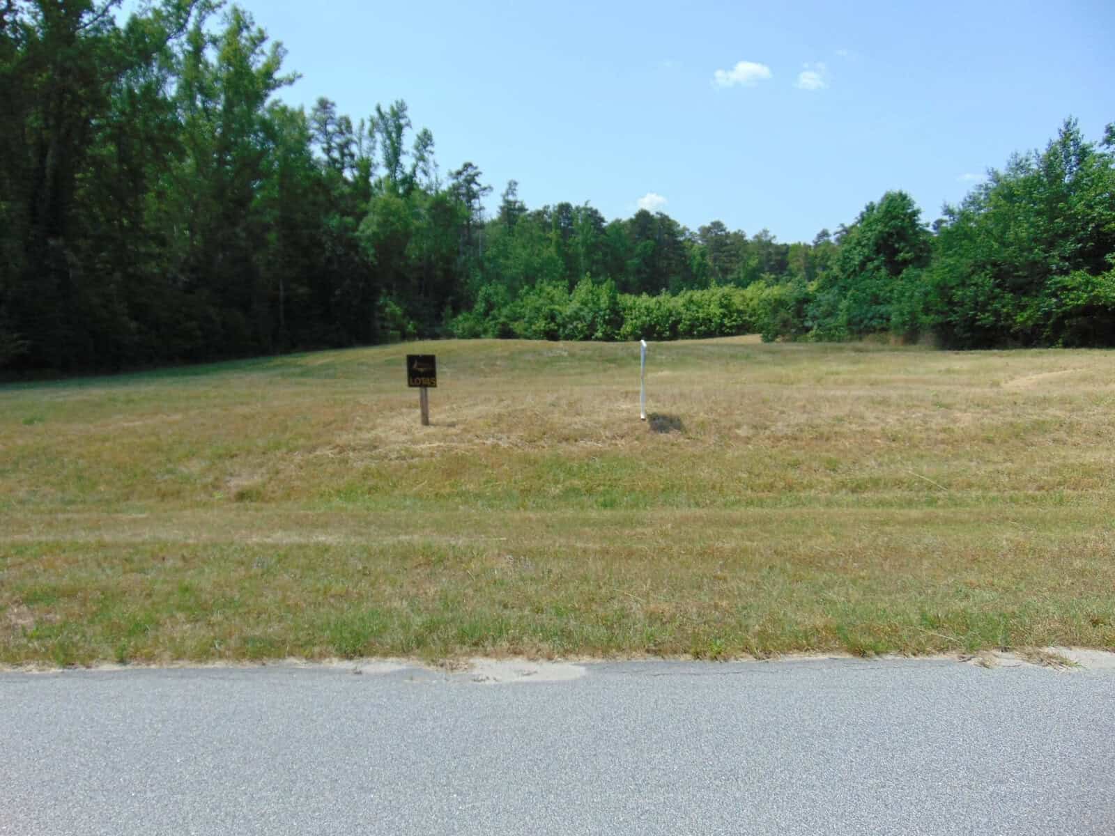 A grassy field with a small brown signpost near a road, with trees in the background on a clear day.