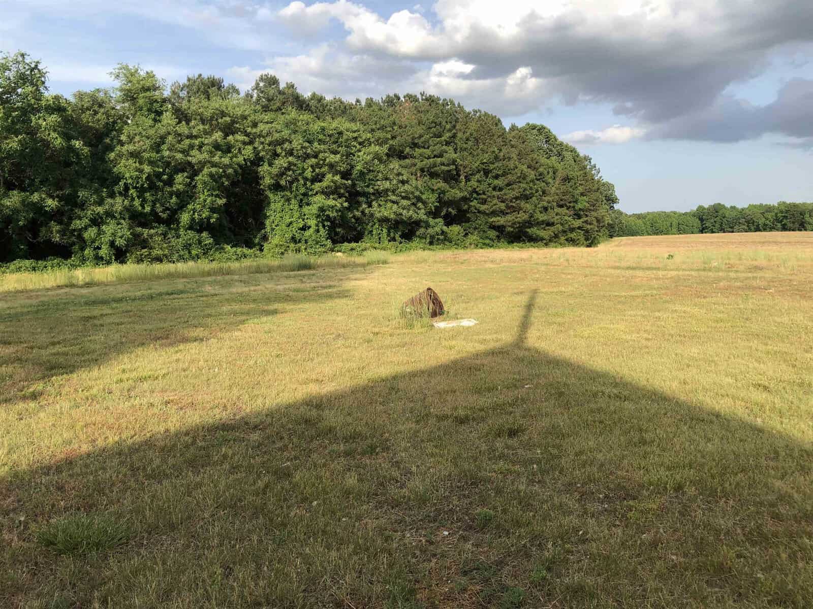 A grassy field with a single large rock and a long shadow of an object, possibly a windmill, cast across the ground, with a backdrop of trees and a blue sky with scattered clouds.