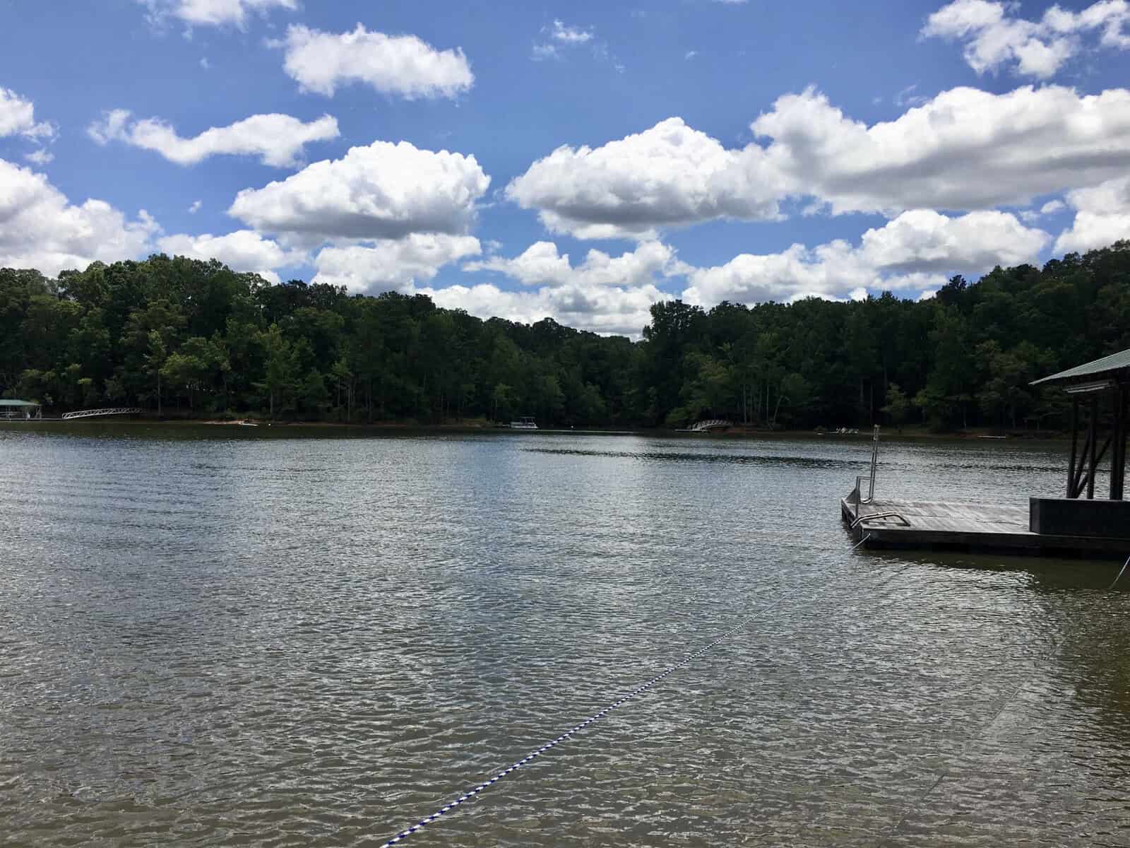 A serene lake with a dock extending into the water, surrounded by lush greenery under a partly cloudy sky.