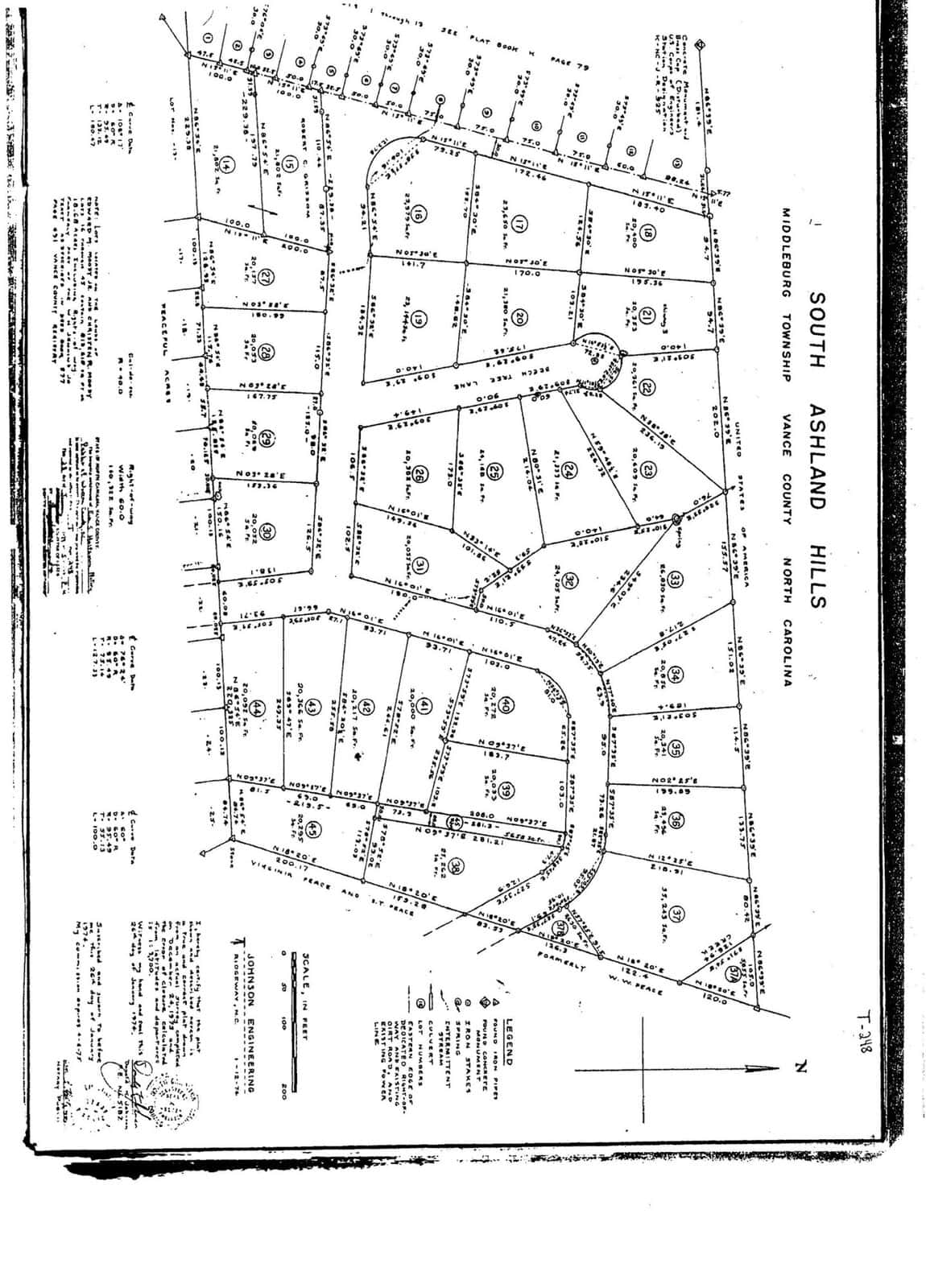 This image depicts a rotated, vintage map or plan layout of a residential area titled "south ashland hills" in Henderson NC, featuring parcels of land numbered and arranged along winding streets, with annotations and