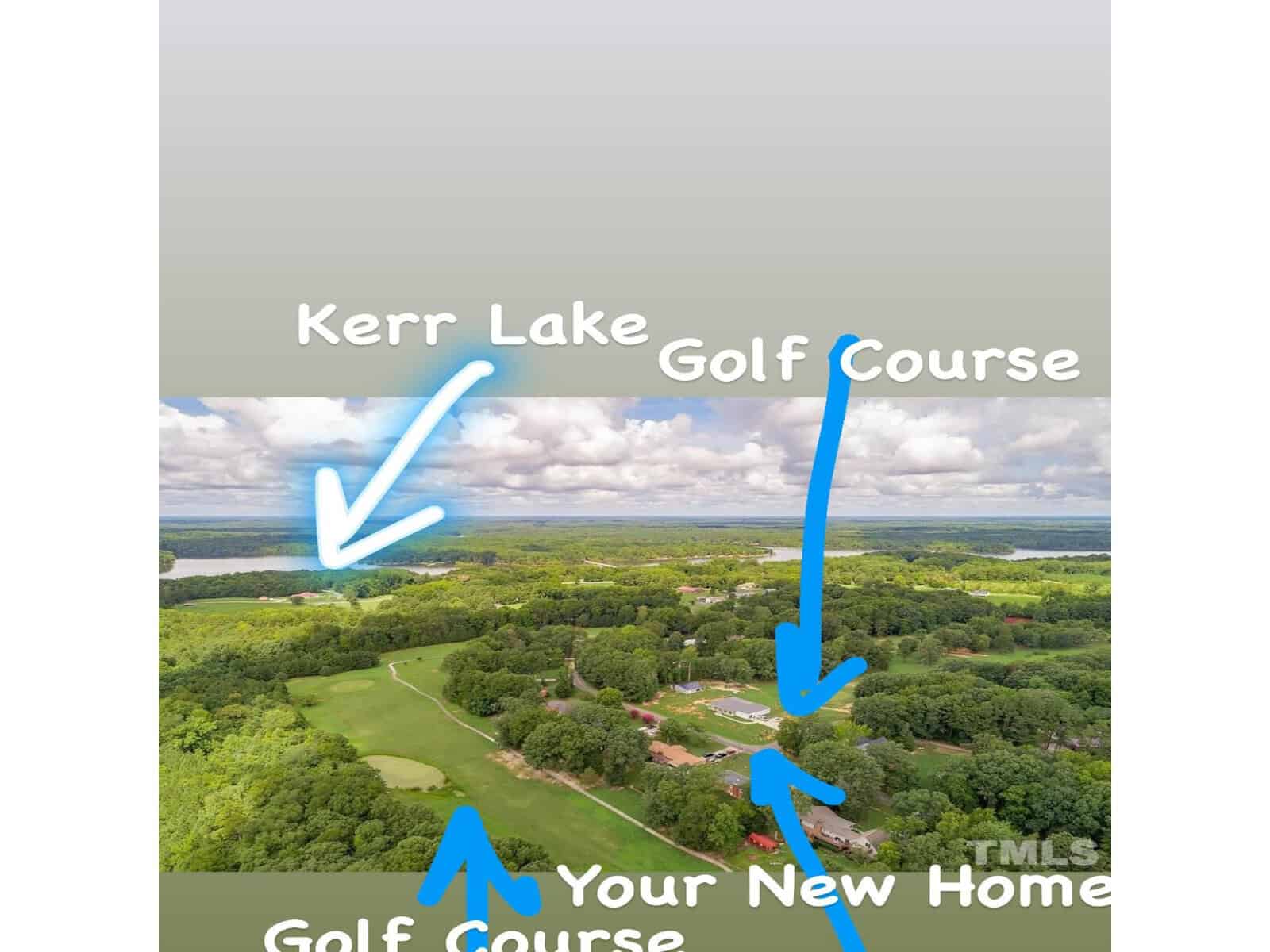 Aerial view of a golf course with surrounding woodland area pointing towards a potential home location near kerr lake.