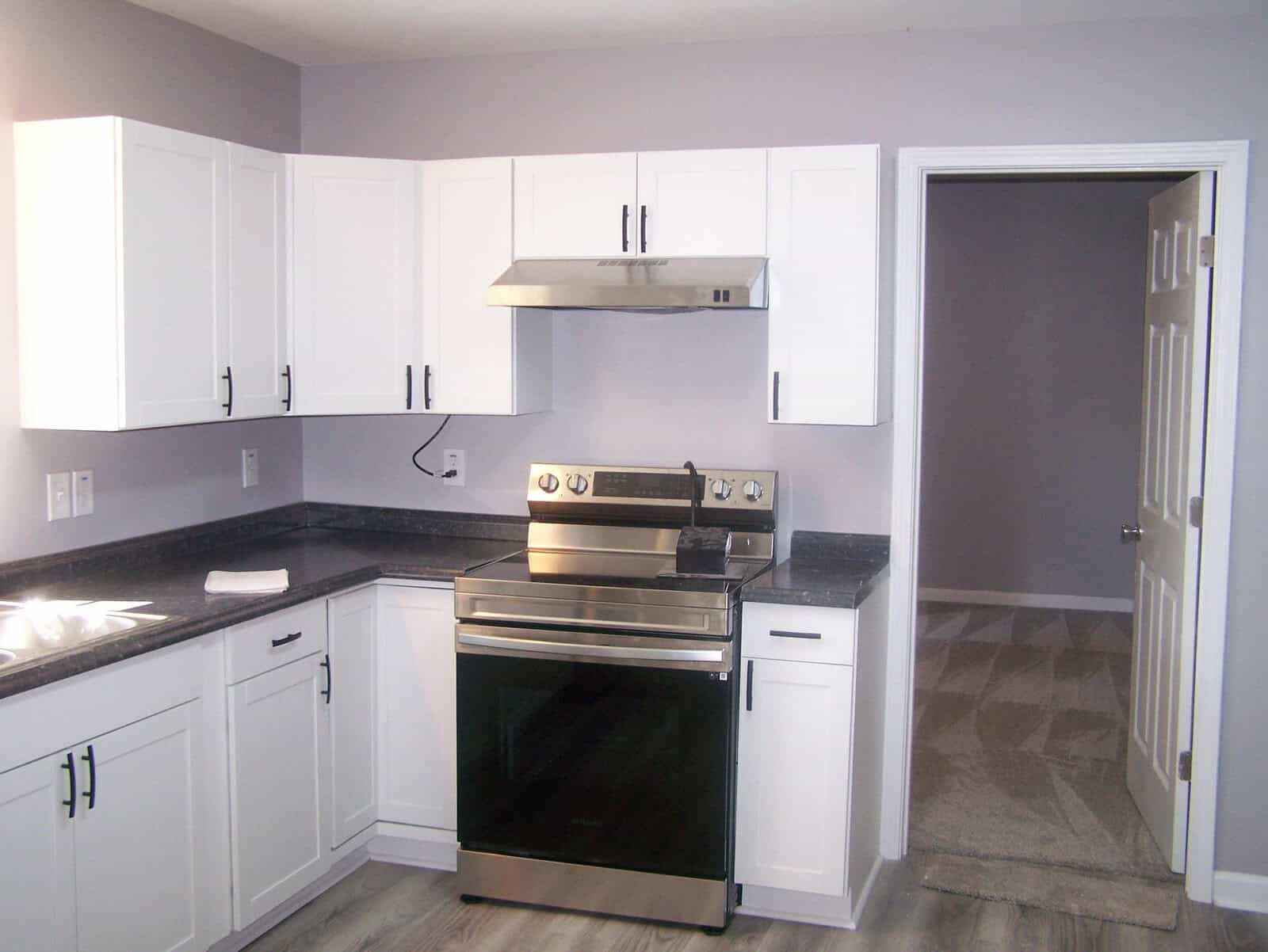 A modern kitchen with white cabinetry, stainless steel appliances, and dark countertops.