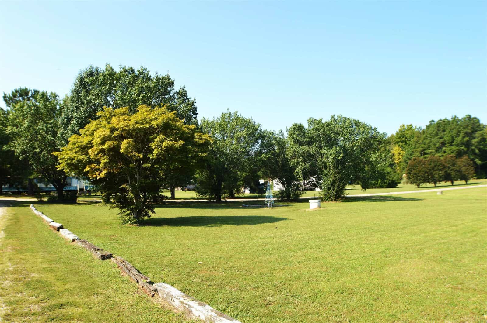 A sunny day in a park with scattered trees, a clear blue sky, and a mowed lawn with a walking path along one side.