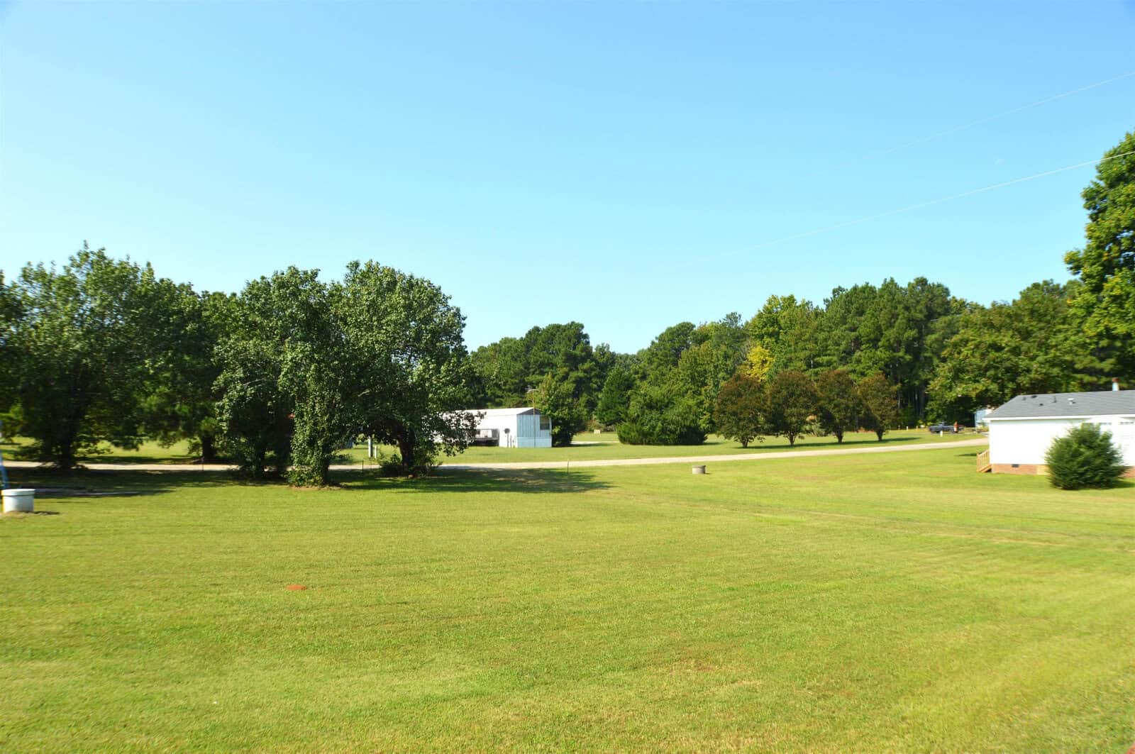 A spacious green lawn dotted with trees and two buildings in the distance under a clear blue sky.