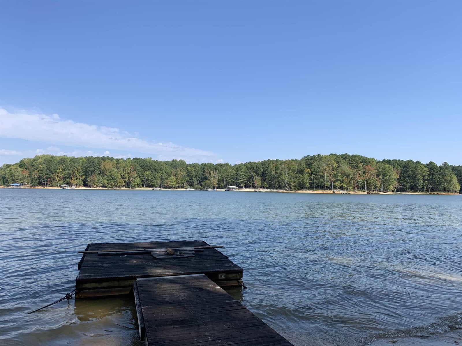 A wooden dock extends into a tranquil lake with trees lining the distant shore under a clear blue sky.