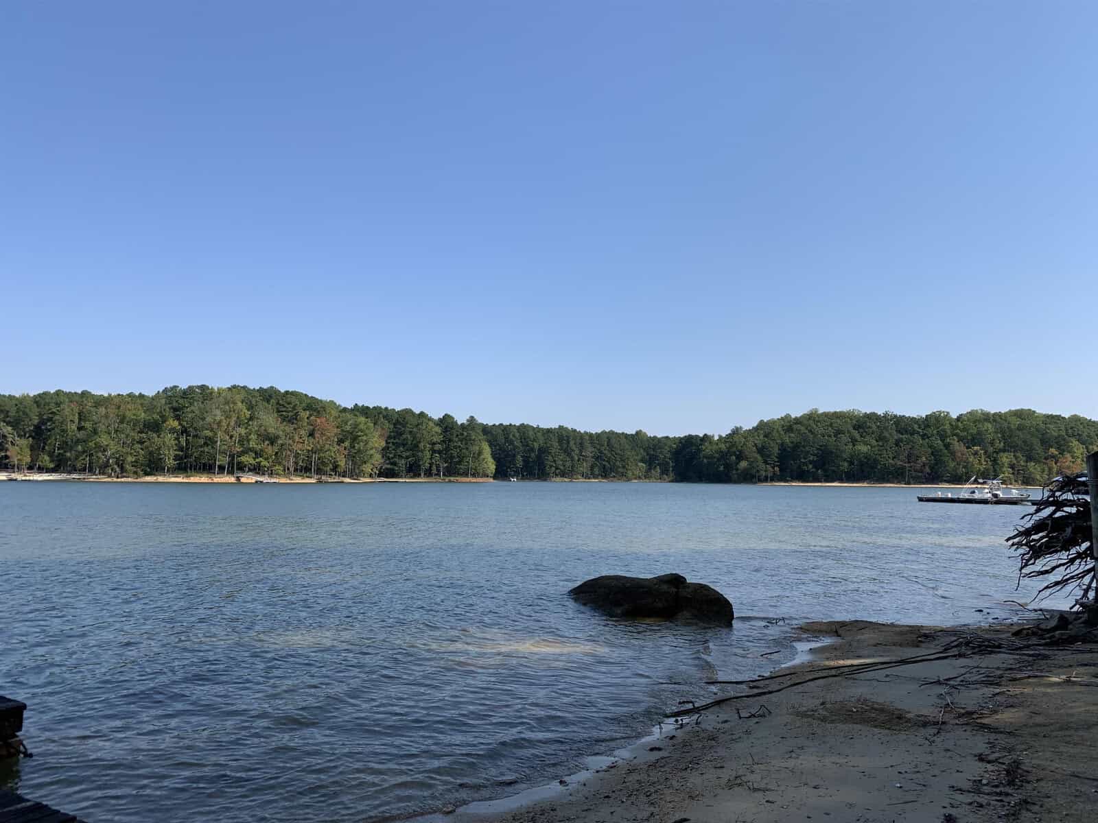 A calm lakeside view with clear skies and sparse tree coverage along the distant shore. a single boulder is visible on the sandy beach in the foreground.