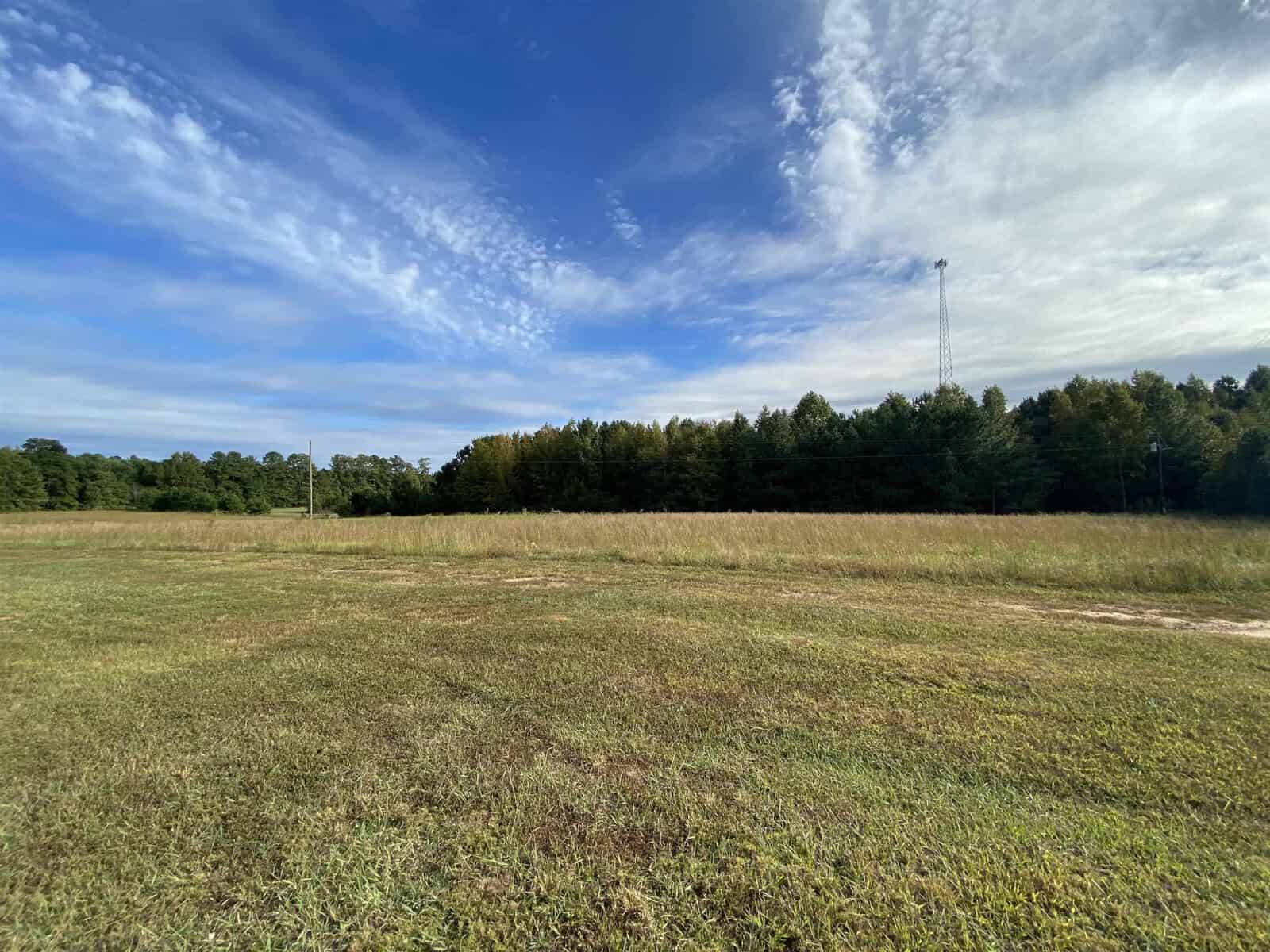 A sprawling green field at 245 Kemps Lane, Henderson NC, with patches of brown grass under a partly cloudy sky, flanked by a dense treeline and a tall tower in the distance.
