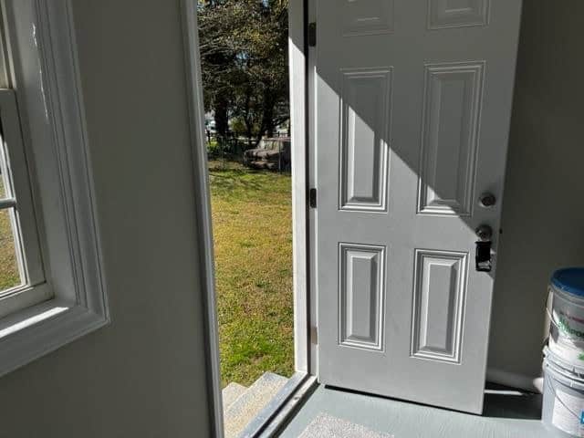 Open white door partially revealing a sunny outdoor yard with green grass.