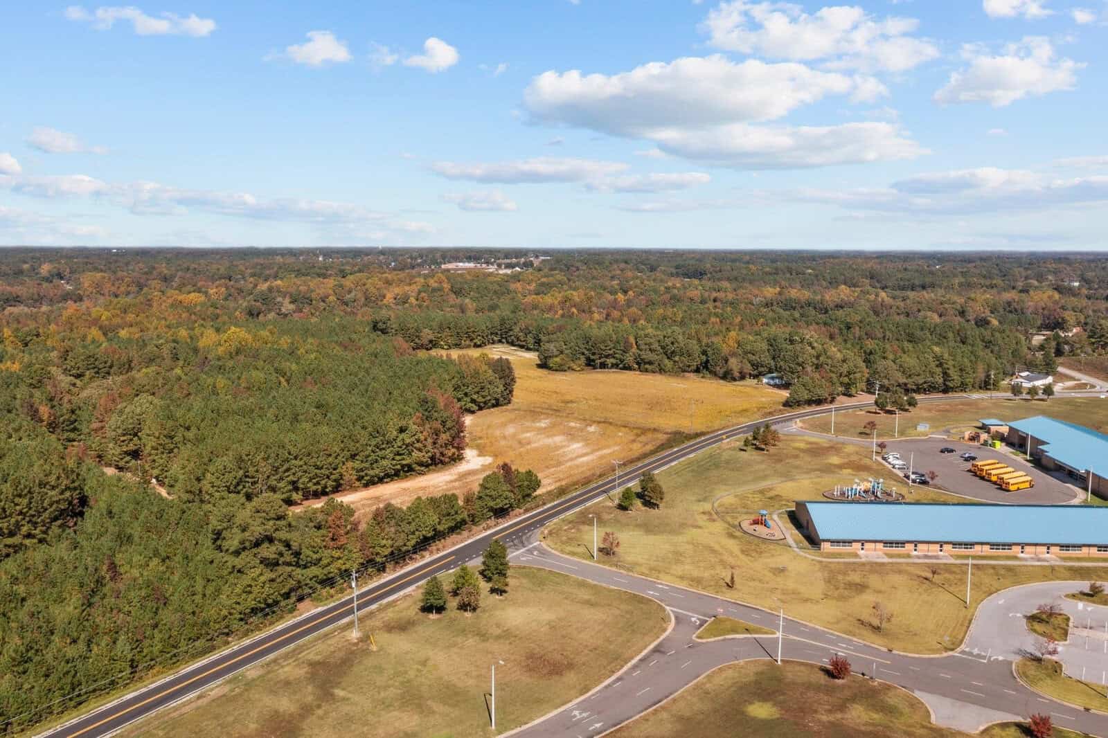 Aerial view of a suburban area featuring a school with a playground, surrounded by patches of forest and open land, with a road running across the scene.