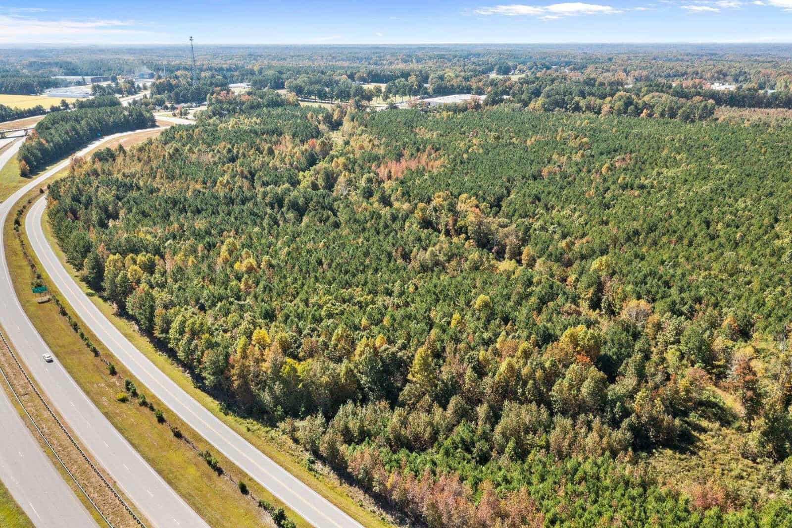 Aerial view of a road curving alongside a forest with trees showing early autumn colors.
