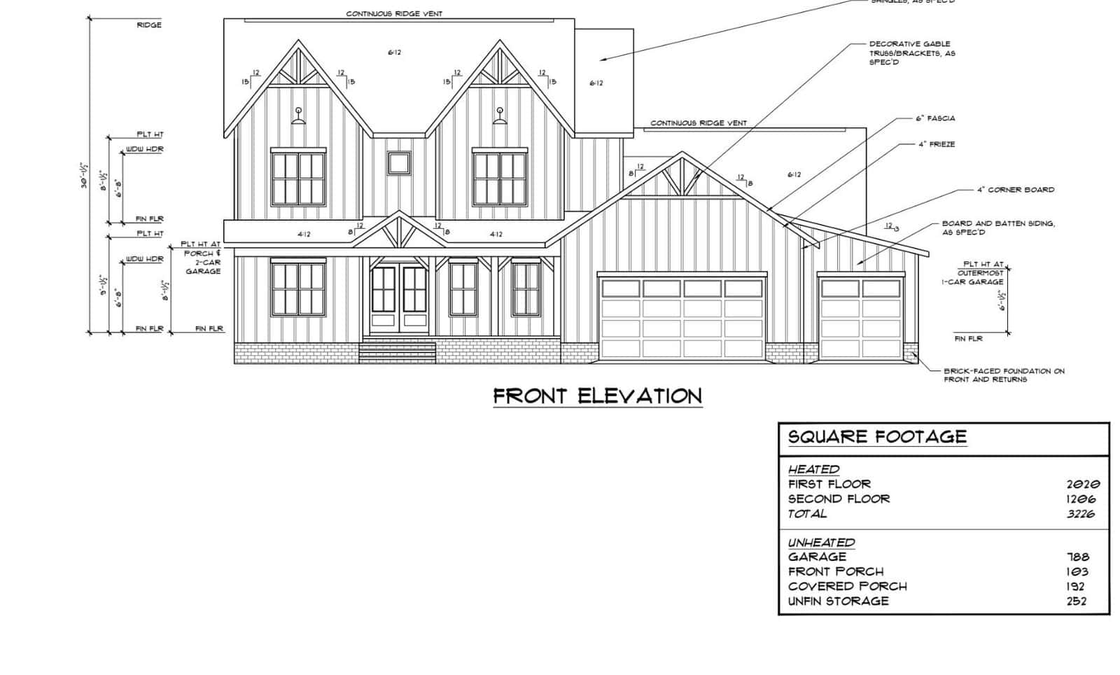 Architectural drawing of the front elevation for a two-story house at 1209 Pond Side Drive, featuring a gable roof, garage, and porch. Includes labeled dimensions and square footage details: first floor 2030 sq ft, second floor 1026 sq ft, totaling 3256 sq ft in Creedmoor.