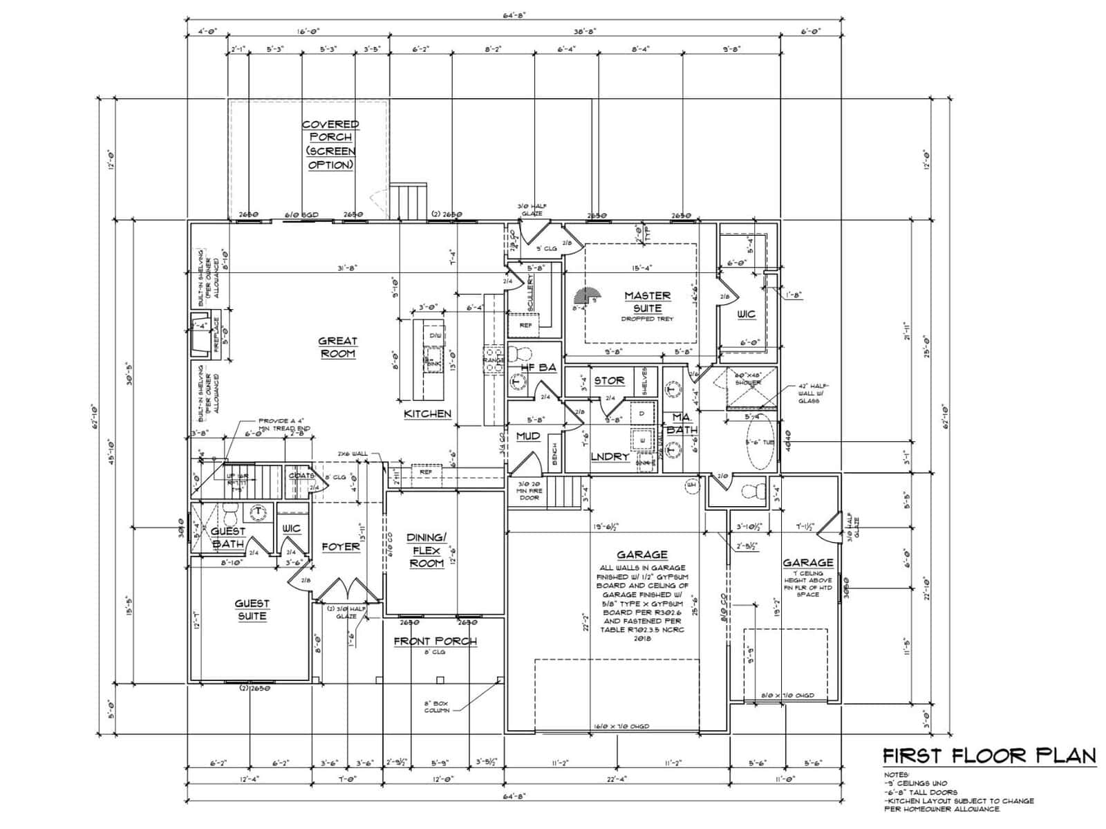 Architectural blueprint of a first-floor plan featuring a great room, kitchen, dining area, master suite, guest suite, laundry room, and garages. Dimensions and labels are included for each room and space.