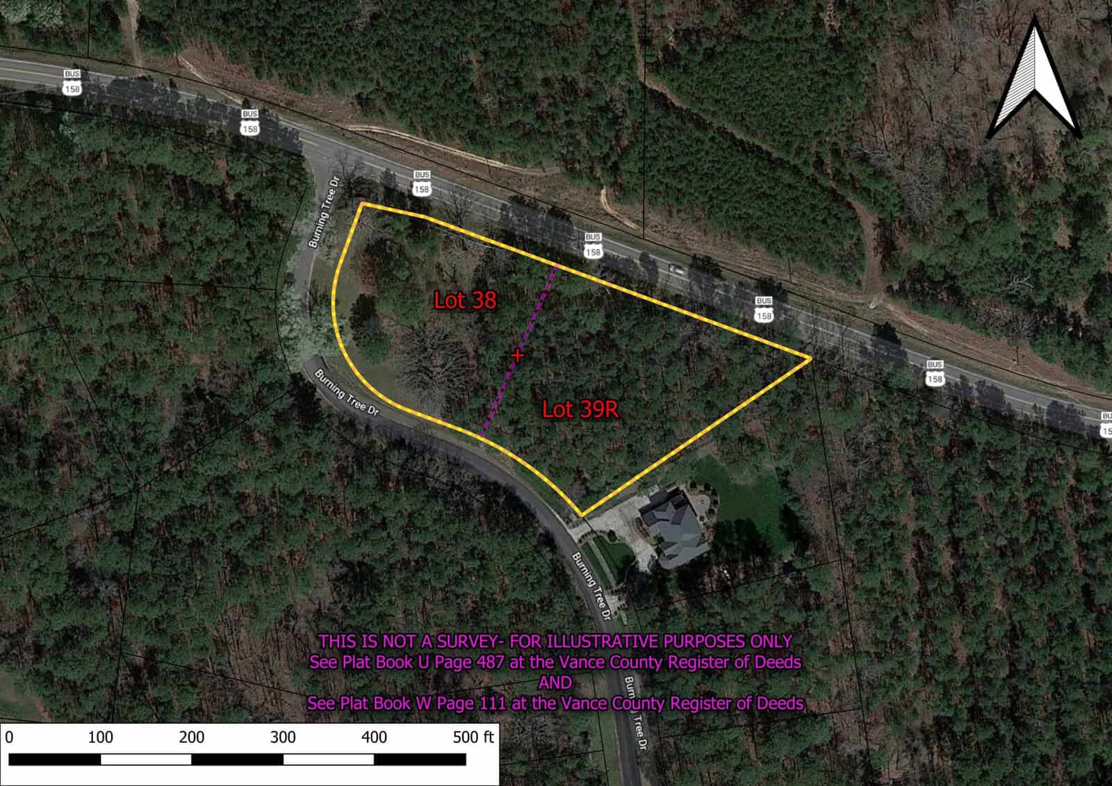 Aerial view of two adjacent land plots marked as "lot 38" and "lot 39r" with a disclaimer stating "this is not a survey - for illustrative purposes only" and references to specific pages in the vance county register of deeds.