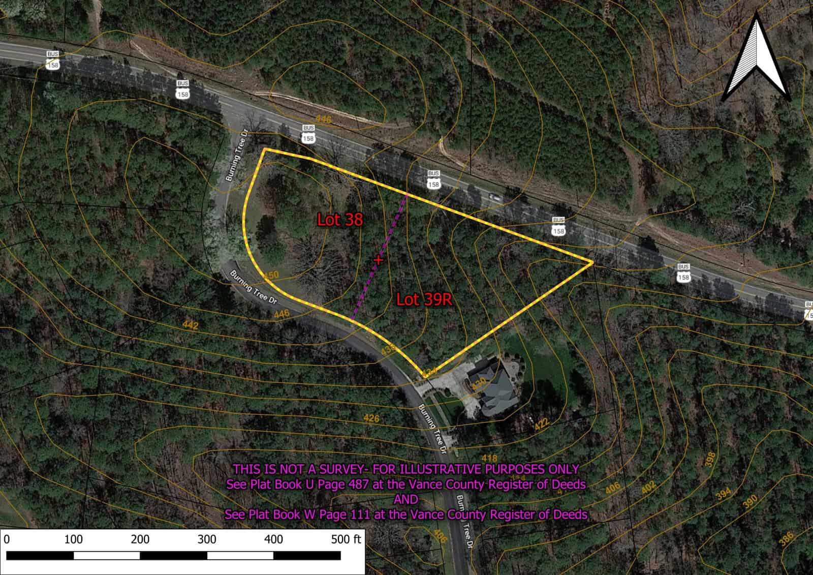 An aerial view of a wooded area with two delineated lots, labeled "lot 38" and "lot 39r," superimposed over the image to indicate their boundaries for illustrative purposes.