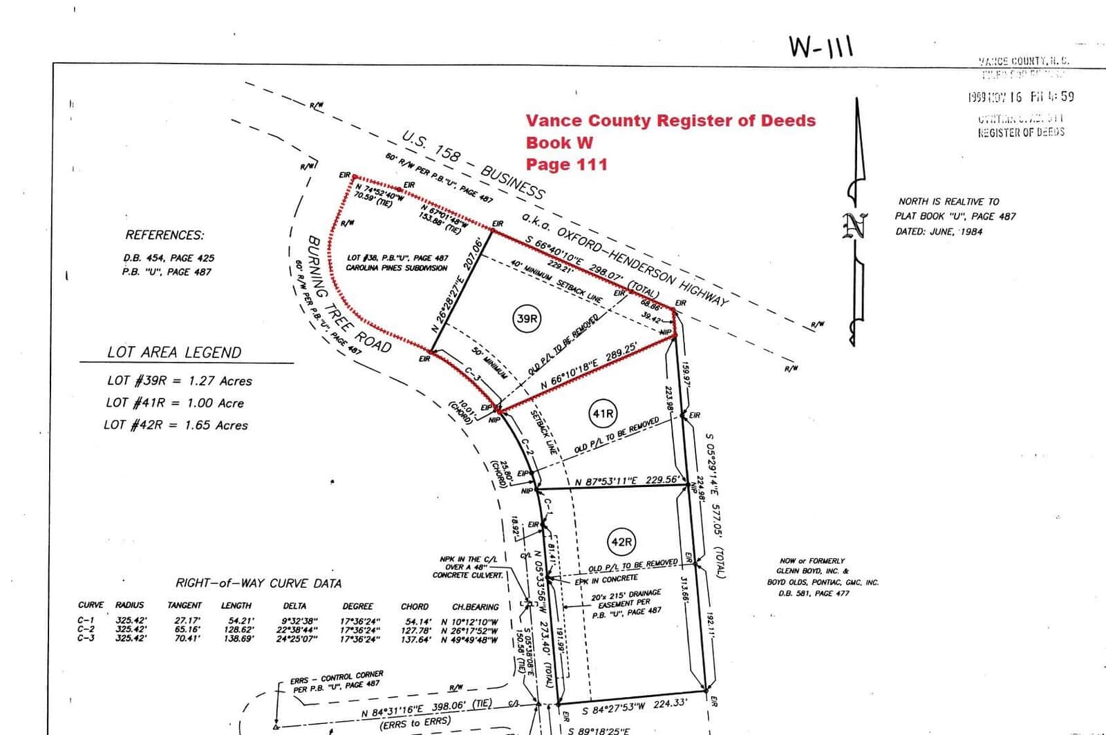 Plat map showing the details of property boundaries, lot numbers, and references in vance county with annotations in red.