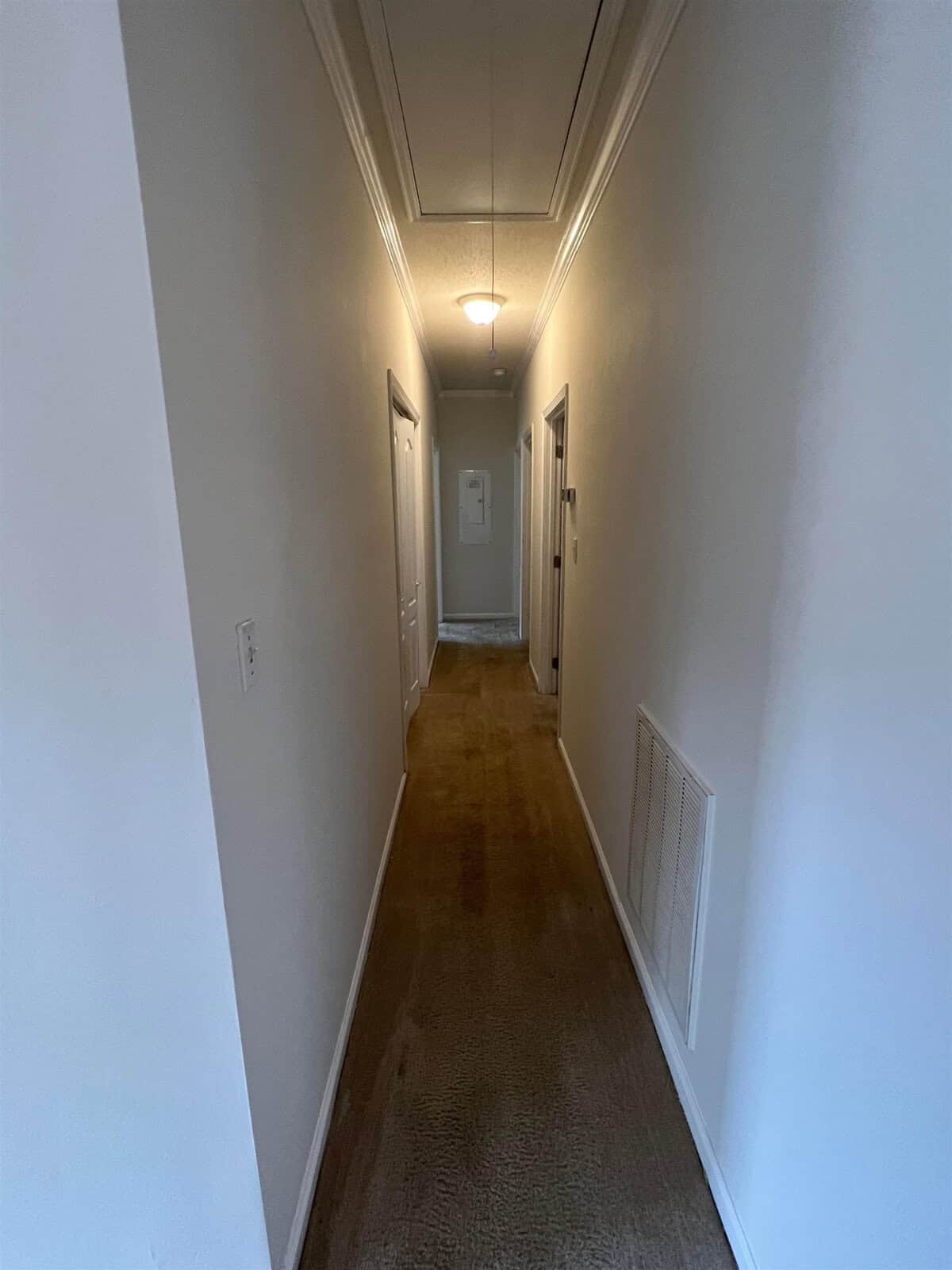 A narrow hallway in a residential building with closed doors on either side, carpeted flooring, and overhead lighting.
