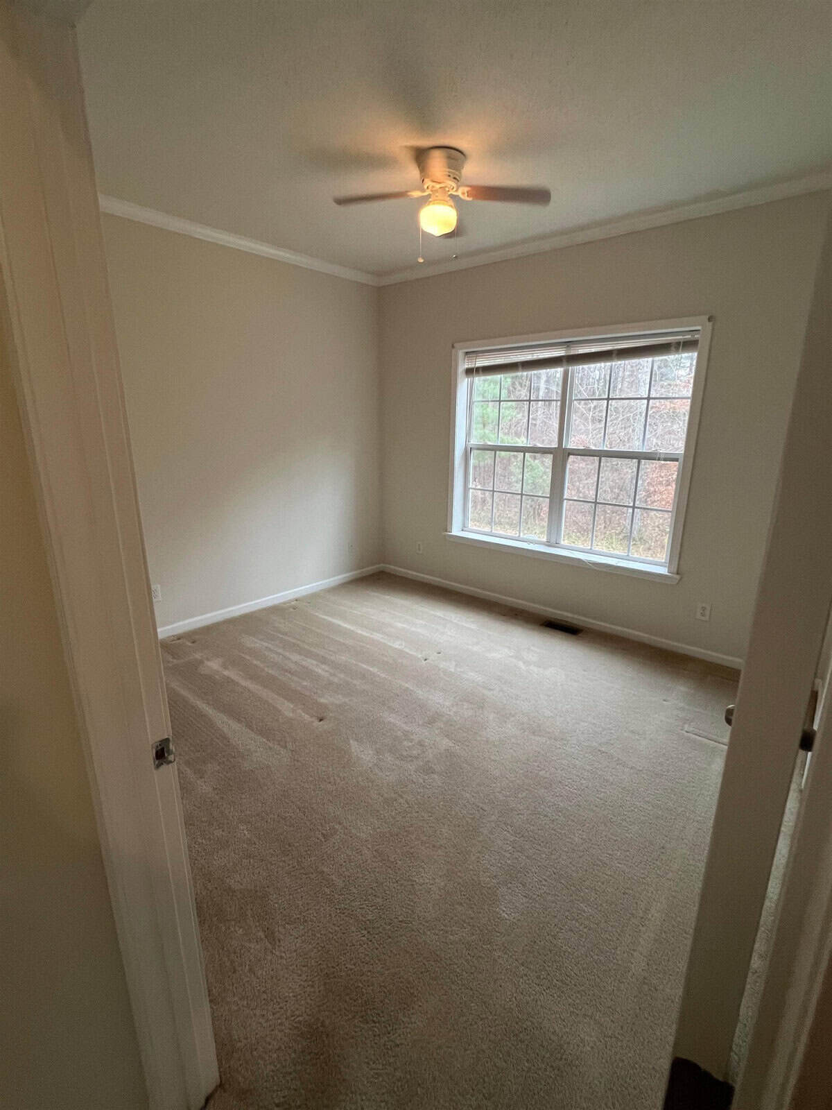 An empty room with beige carpet, white walls, a window, and a ceiling fan.