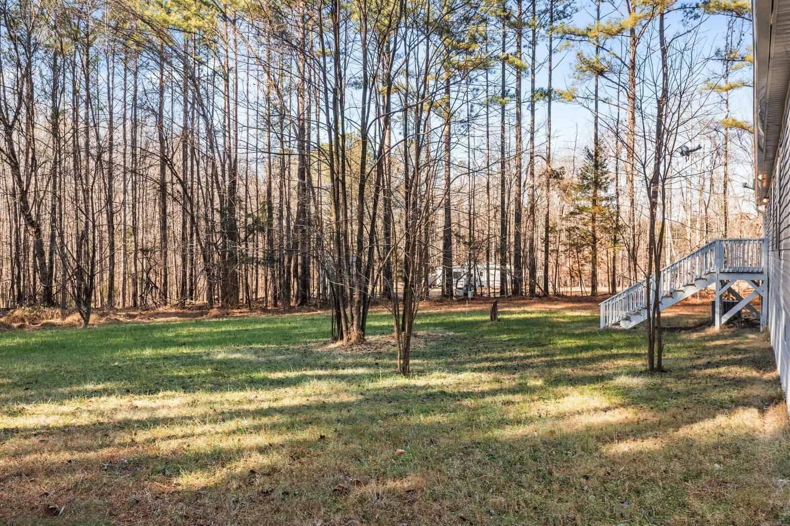 A backyard with a grassy area leading to a line of trees, with a part of a house and stairs on the right.