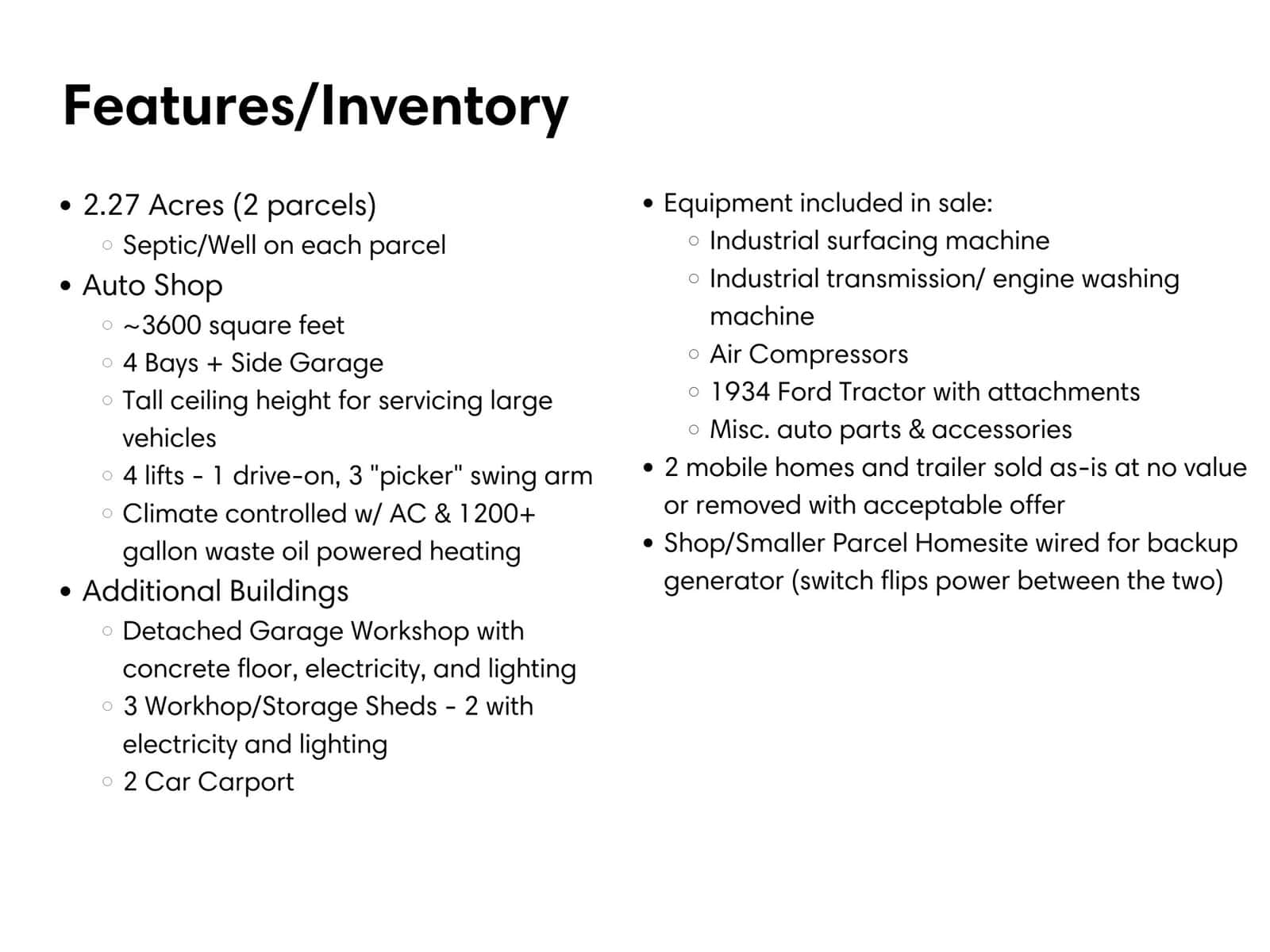 The image displays a bullet-pointed list detailing the features and inventory of an auto shop, which includes information on the property size, building dimensions, amenities, equipment, and additional assets such as vehicles and a backup generator.