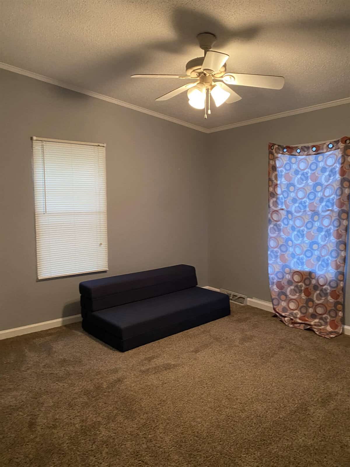 A sparsely furnished room with a dark-colored sofa, a single window with blinds, beige carpeting, and a ceiling fan, complemented by a colorful patterned shower curtain used as a makeshift room divider.