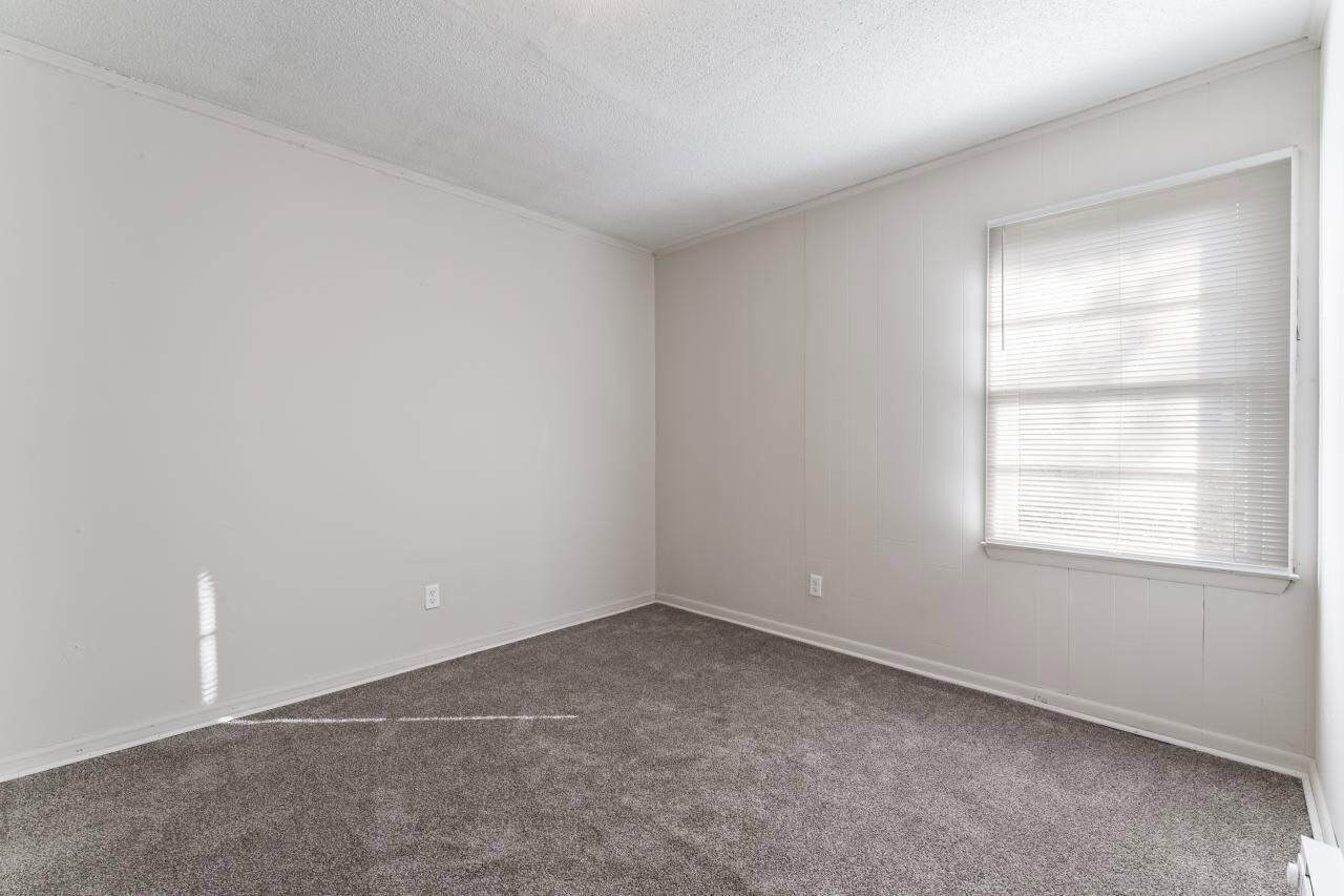 An empty room with white walls, a window with blinds on the right side, and gray carpet flooring.