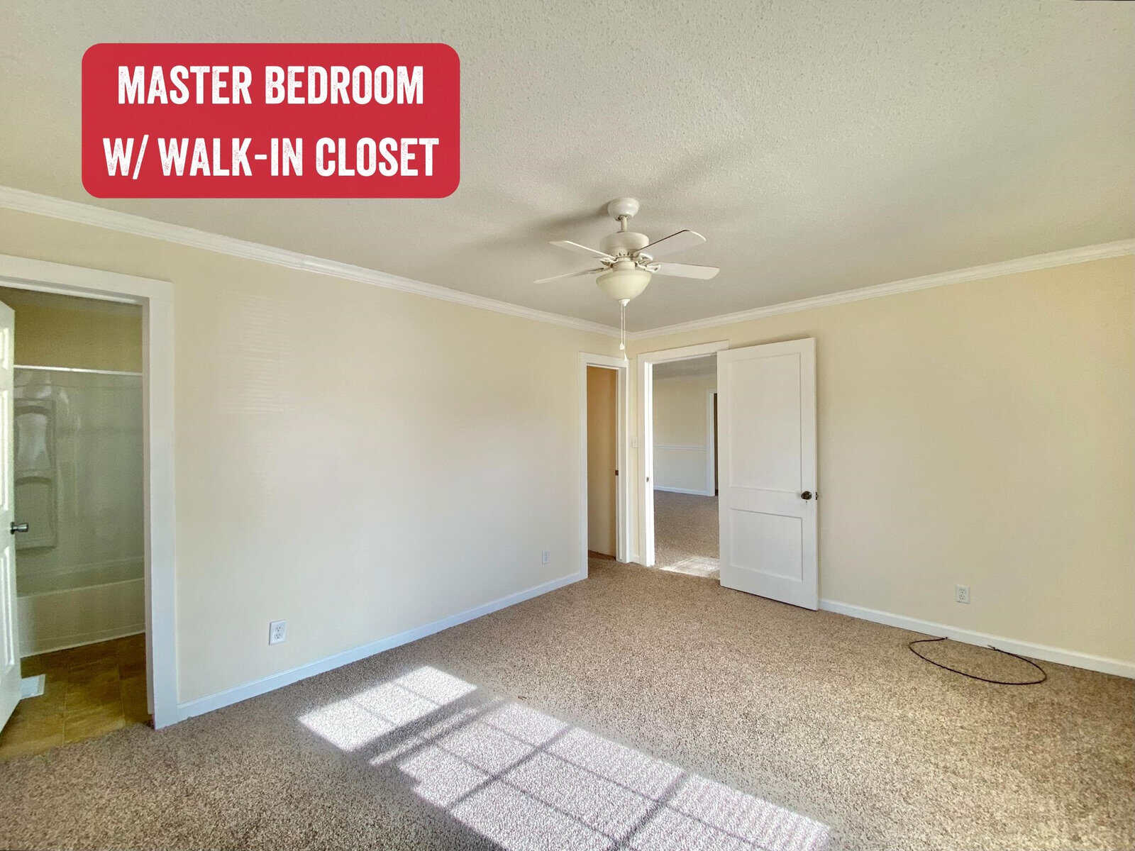 A spacious master bedroom with a walk-in closet and a ceiling fan.