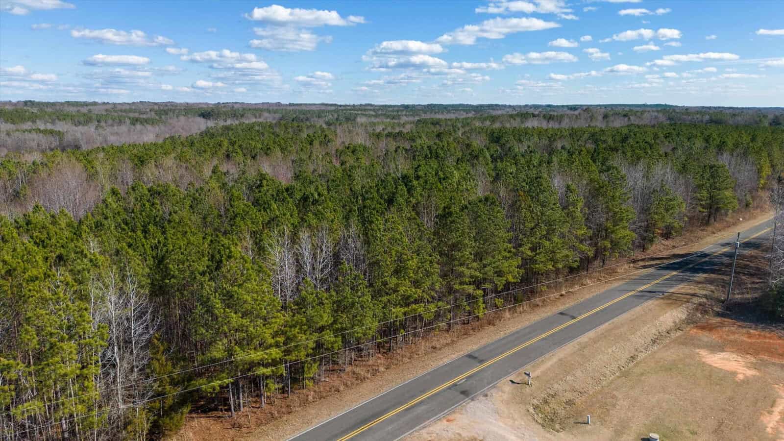 Aerial view of a two-lane road curving through a forested landscape with a clear sky above.