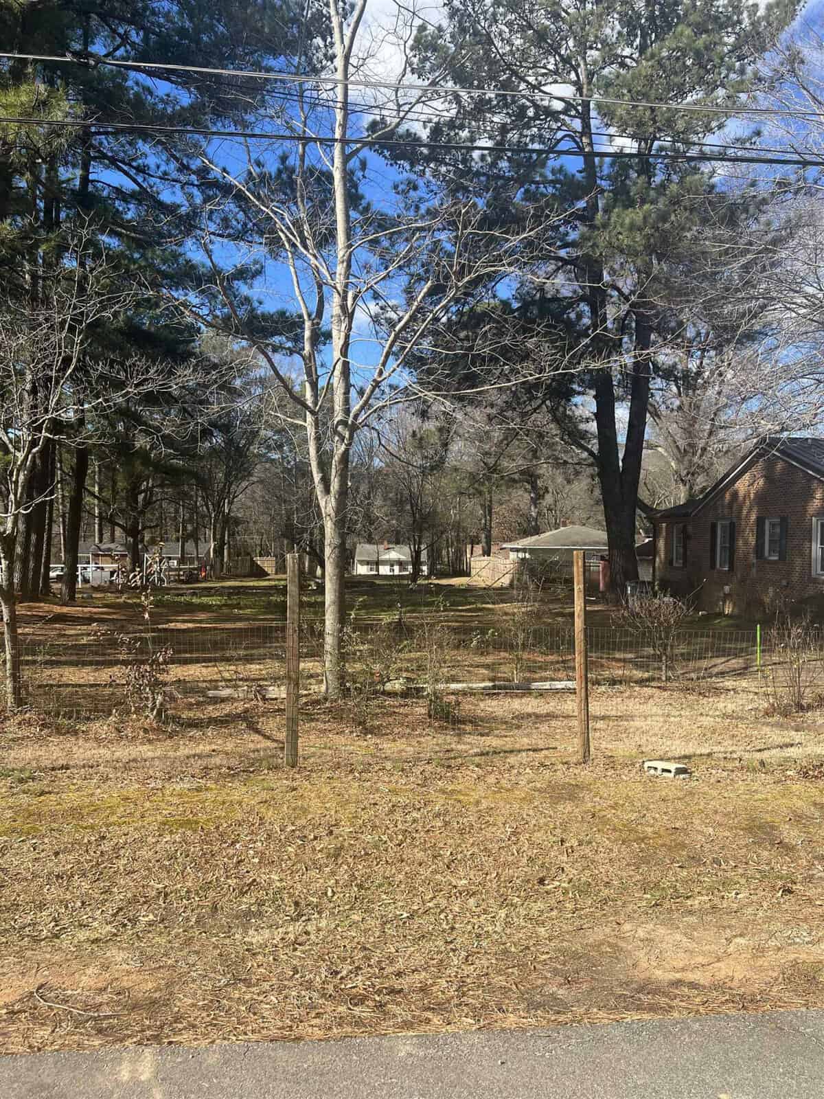 A sunny suburban landscape featuring bare trees, a wire fence, and a brick house in the distance, with shadows cast across a grassy area.