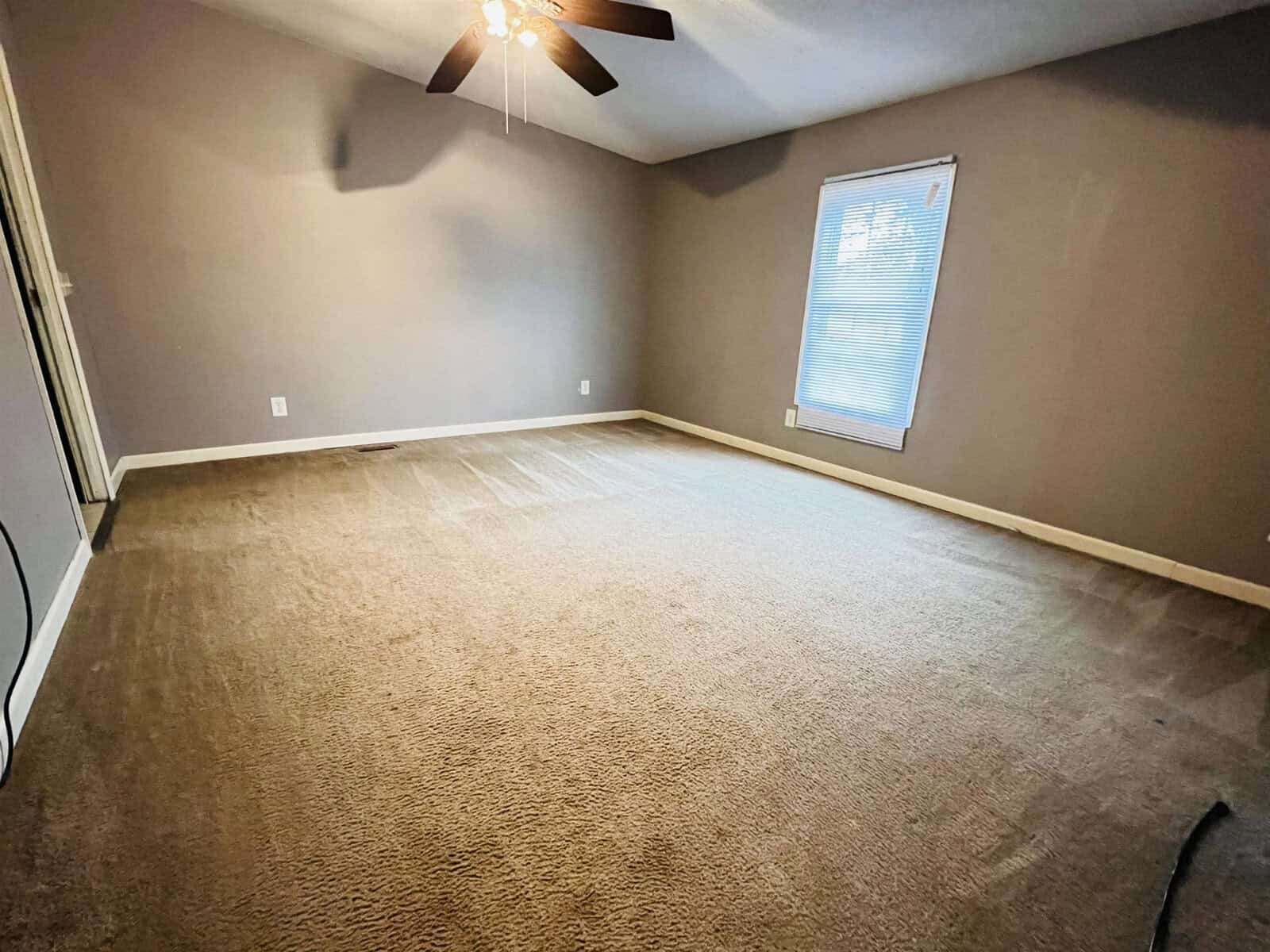 A spacious, empty room with gray walls and beige carpet. A ceiling fan with lights hangs from the ceiling. A single window with blinds is on the right, letting in natural light.