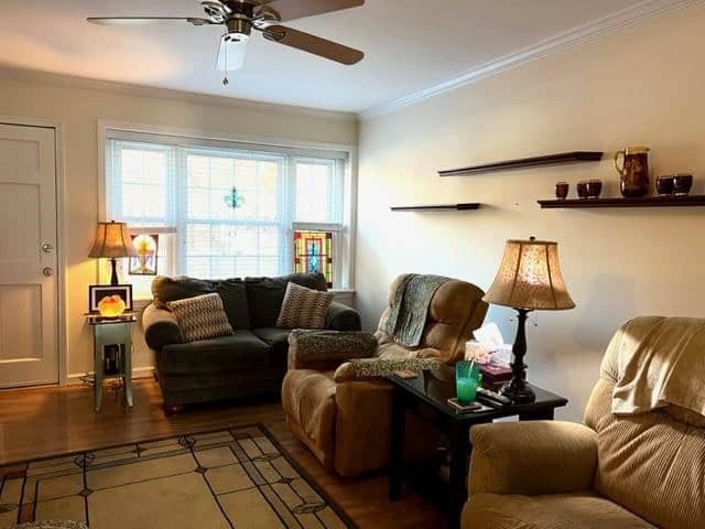 A cozy living room featuring a plush sofa and armchair, a wooden coffee table, and a lit table lamp, with a ceiling fan above and sunlight filtering through the window.