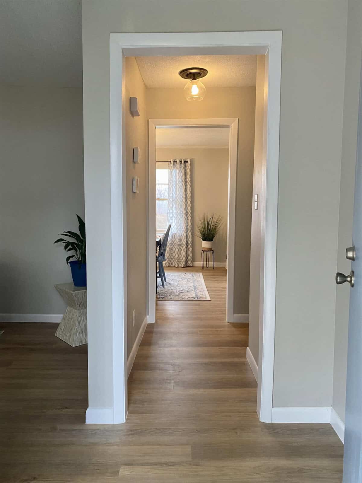 A view through an open doorway showing a hallway leading to a well-lit room with a chair and a plant near a window.