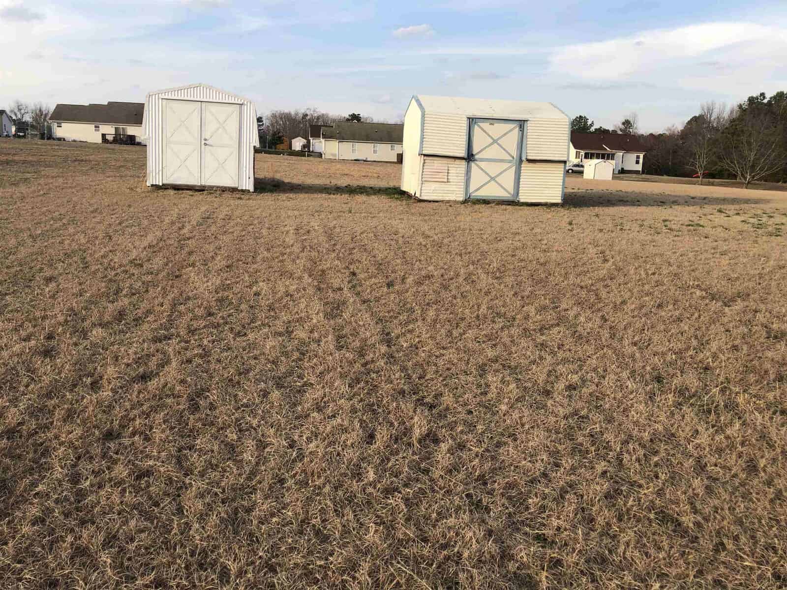 Two white storage sheds with blue trim are situated on a dry grass field, with houses visible in the background.
