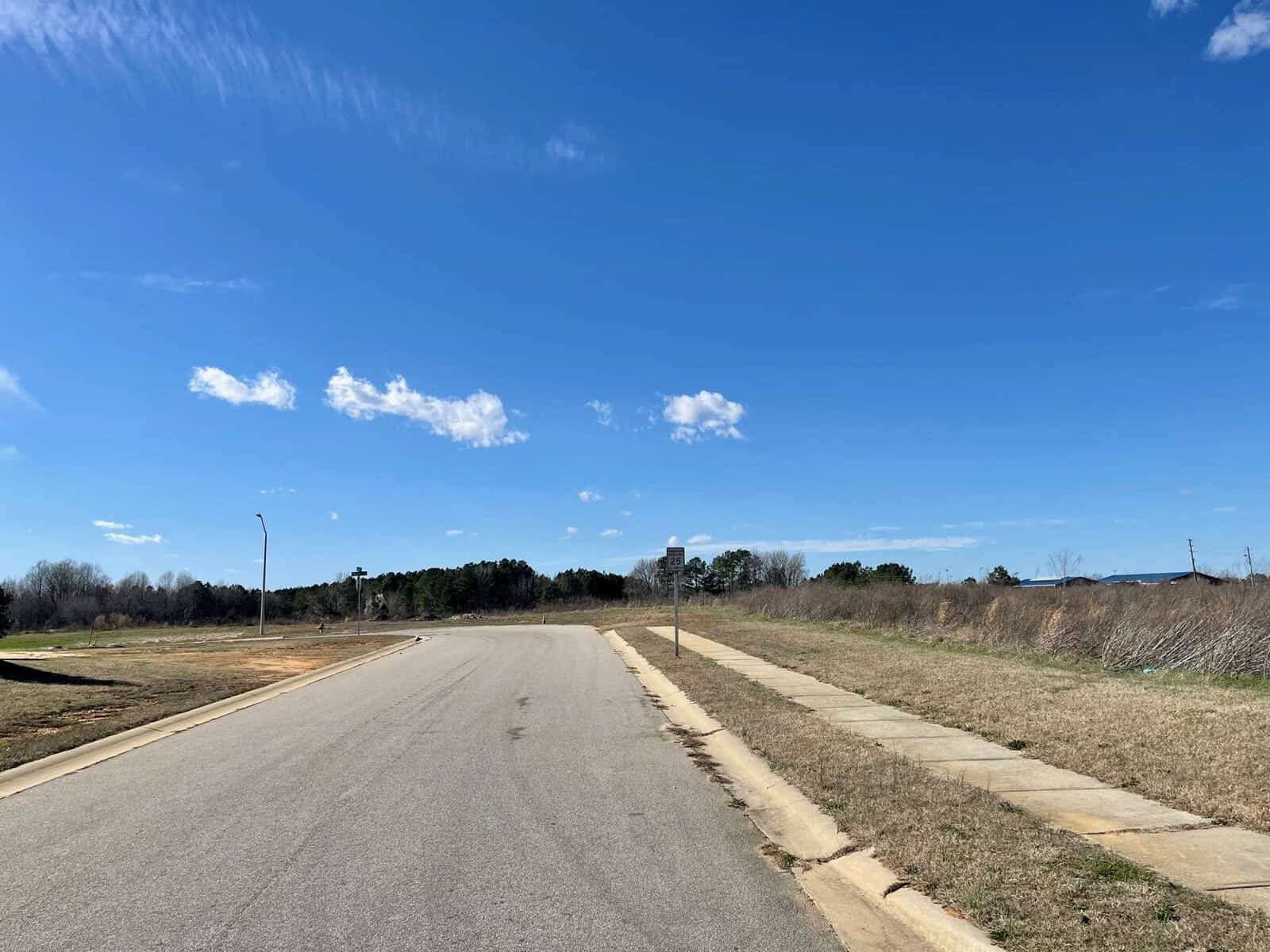 A clear blue sky stretches over a deserted road and adjacent abandoned plots of land, with dry grass and sparse vegetation, under a bright sun.