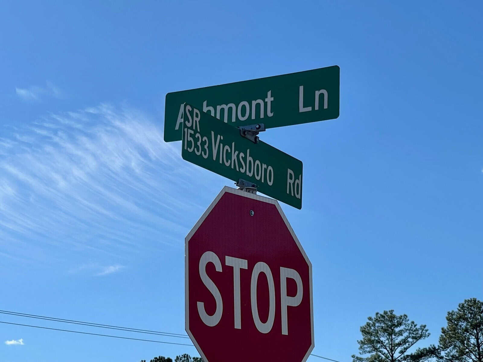 Street signs at an intersection show "ashmont ln" and "533 vicksboro rd" above a red stop sign, set against a clear blue sky.