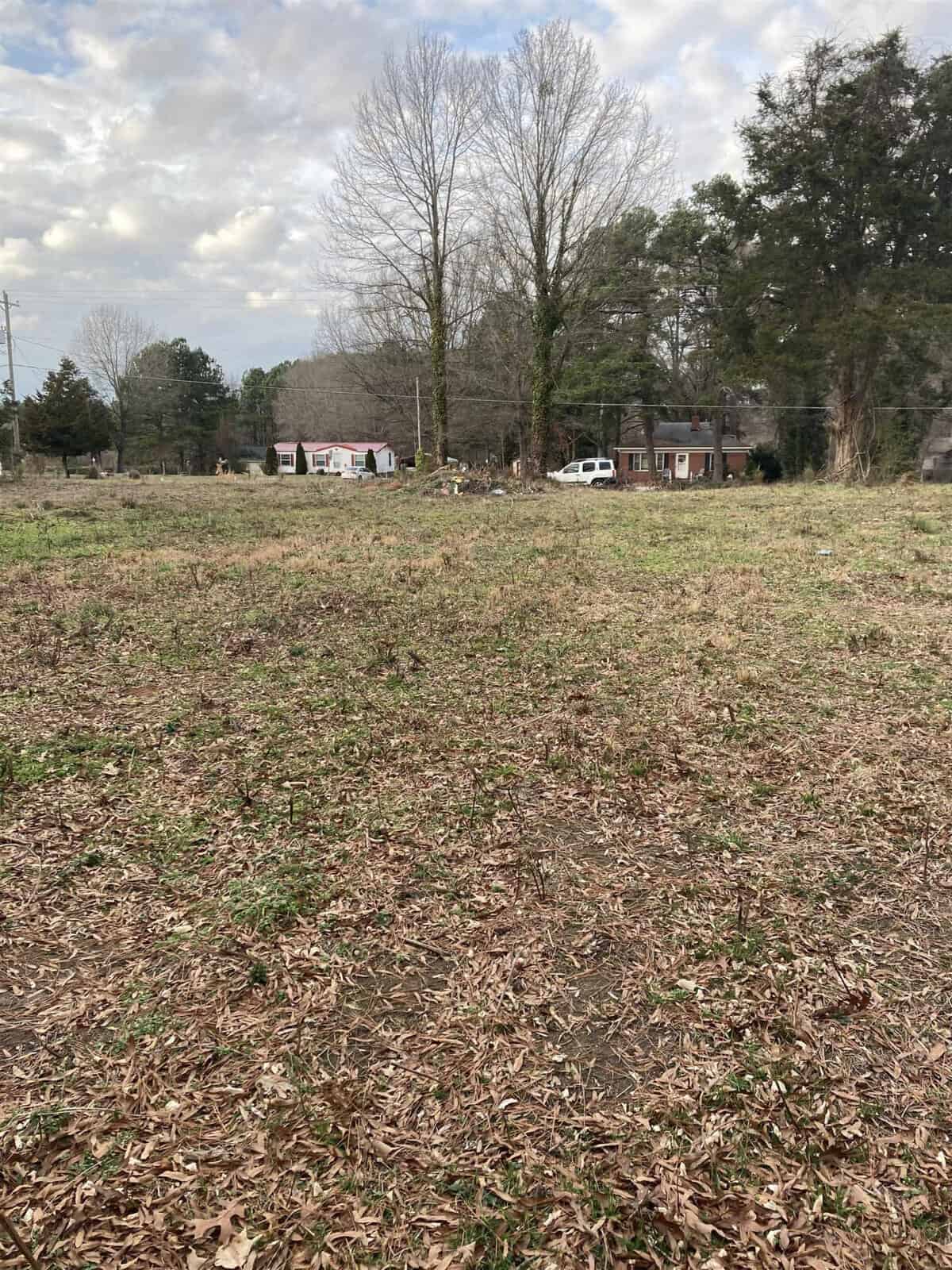 A field covered with dry leaves and sparse grass with trees and houses in the background under a cloudy sky.