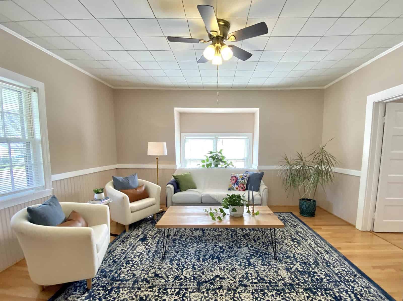 A well-lit, tidy living room with a ceiling fan, two armchairs, a sofa, a coffee table, and a patterned area rug. there is a plant in the corner, a floor lamp, and two windows with white trim.