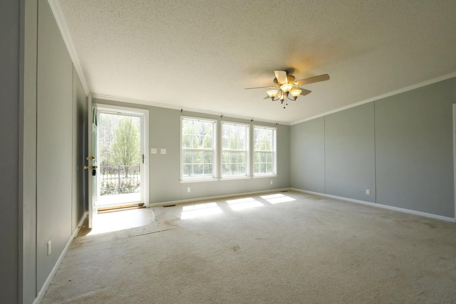 An empty room with beige carpeting, light gray walls, a ceiling fan, and a sliding glass door leading to an outside area with visible greenery.
