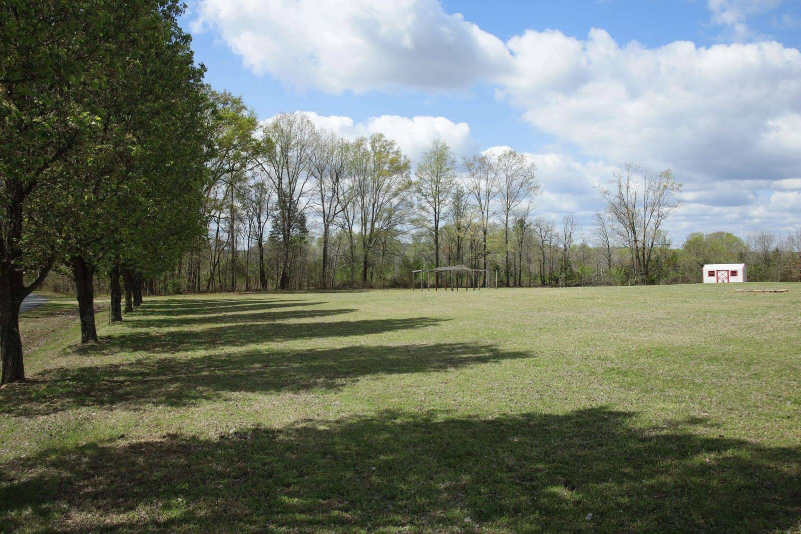 A wide open grassy field with scattered trees under a partly cloudy sky.