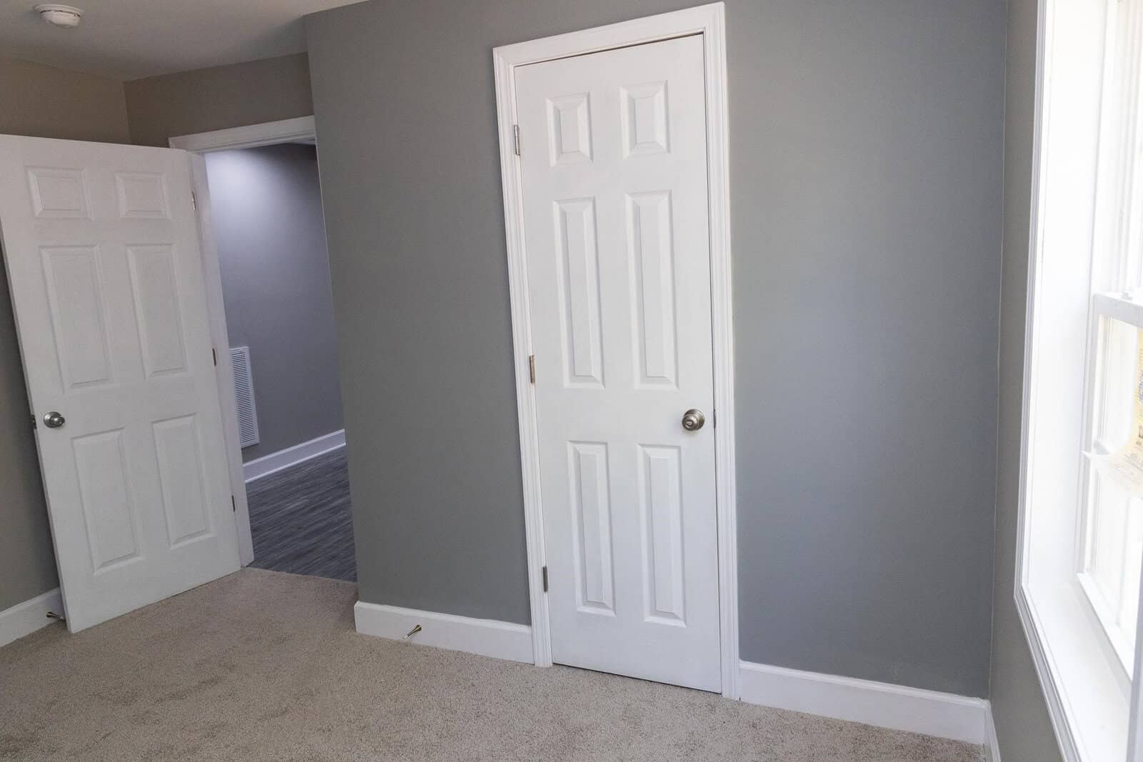 A corner view of a room with gray walls, showing an open white door on the left and a closed white door on the right, with a beige carpet on the floor.