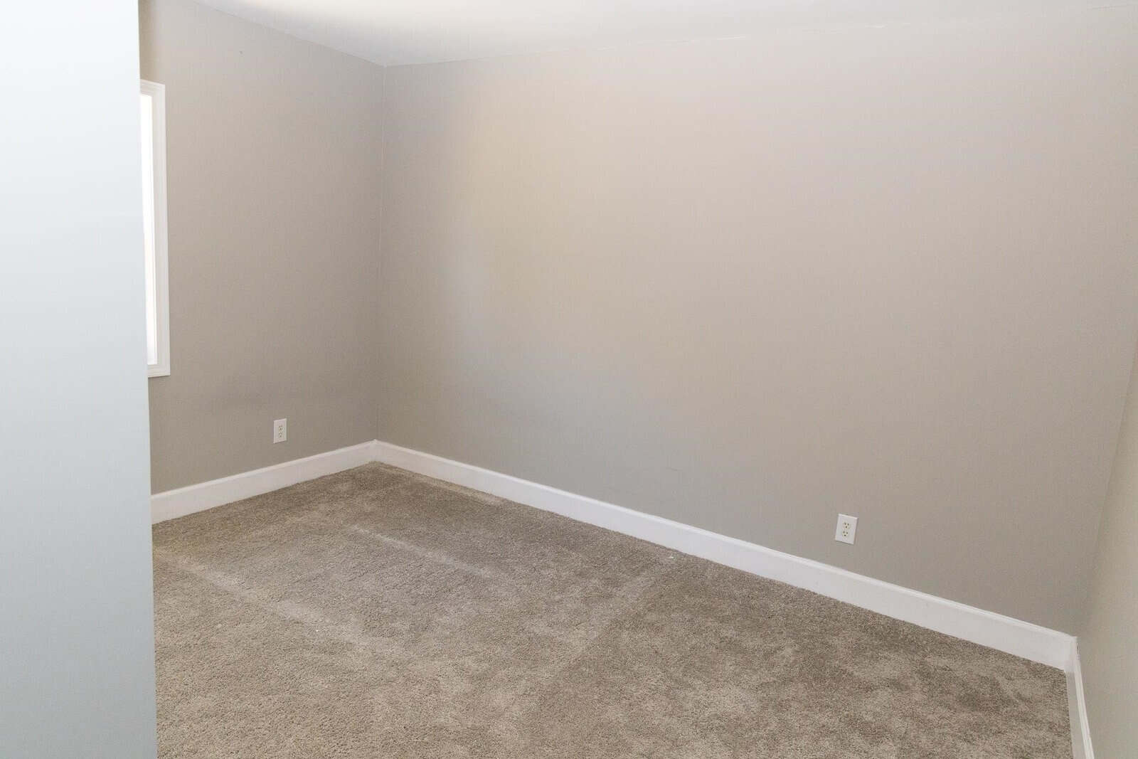 An empty room with grey walls and beige carpet flooring.