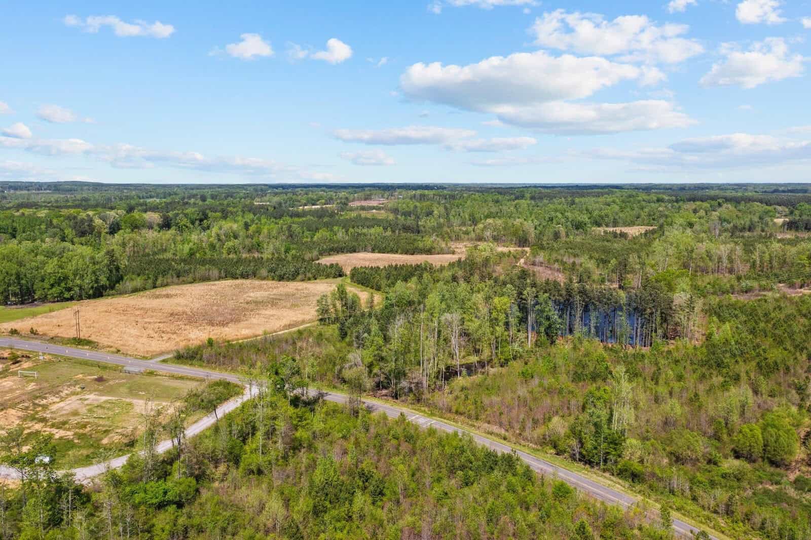 Aerial view of a rural landscape featuring a winding road surrounded by lush green forests and open fields under a blue sky with scattered clouds.