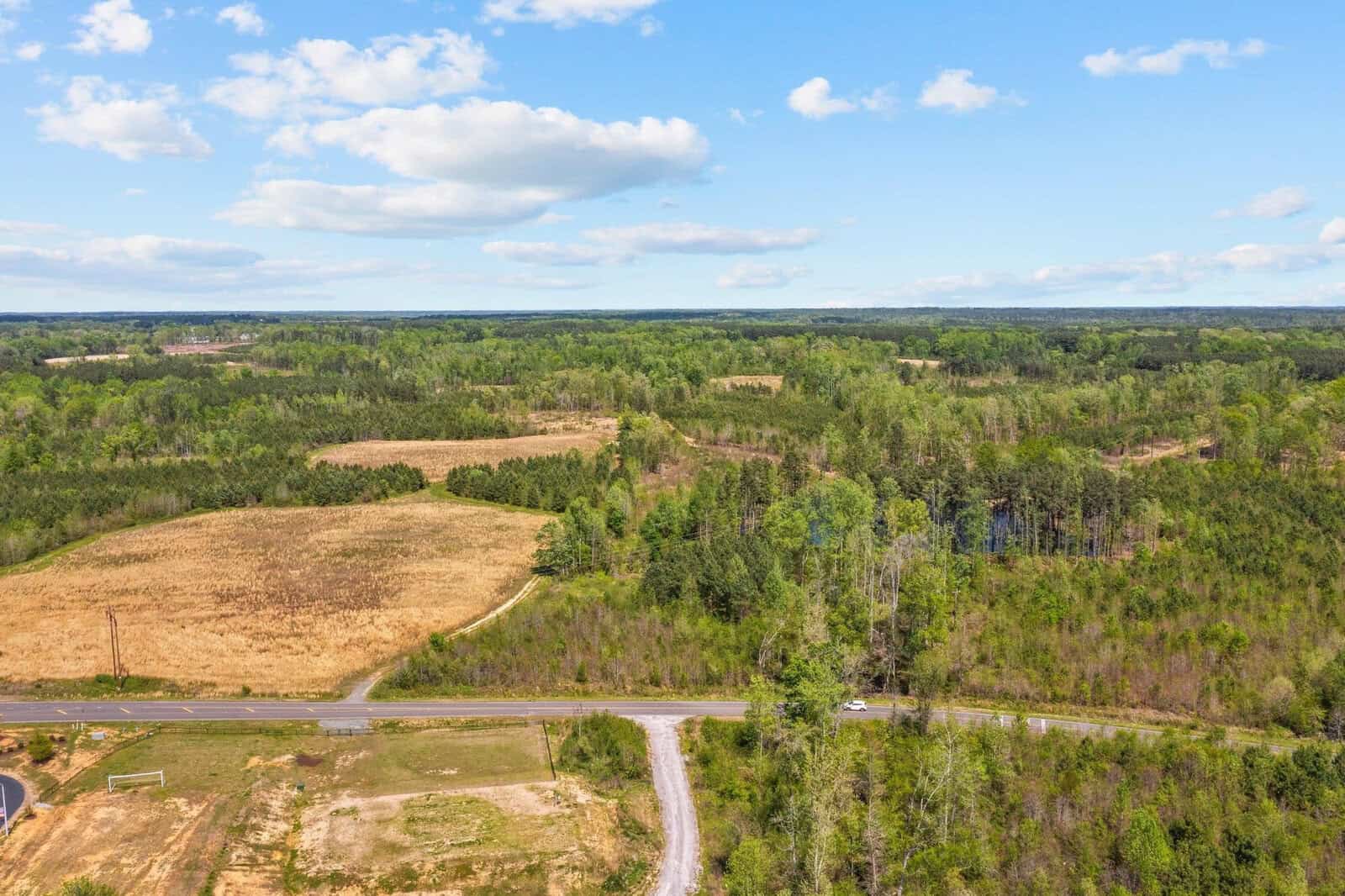 Aerial view of a rural landscape with a mix of open fields and dense forest. A road runs through the foreground, with a car visible on it. The sky is partly cloudy, and the horizon stretches into the distance.