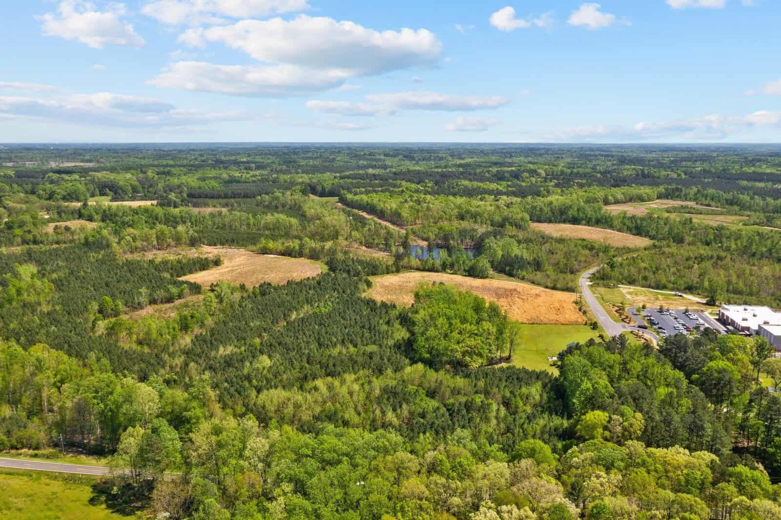 Aerial view of a vast, lush green landscape with dense forests and open clearings under a blue sky with fluffy clouds. A winding road and small buildings are visible in the lower right corner.