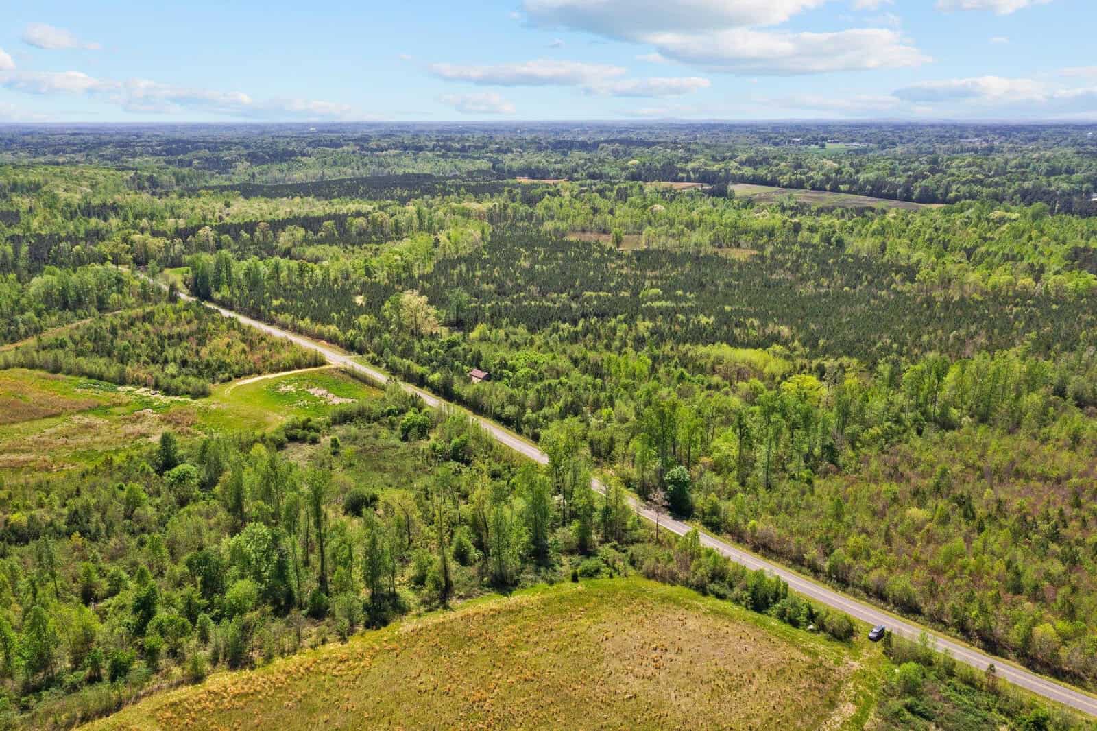 Aerial view of a lush green landscape with dense forests and a winding road cutting through the scenery. The sky is partly cloudy, and the horizon shows expansive fields and forests.