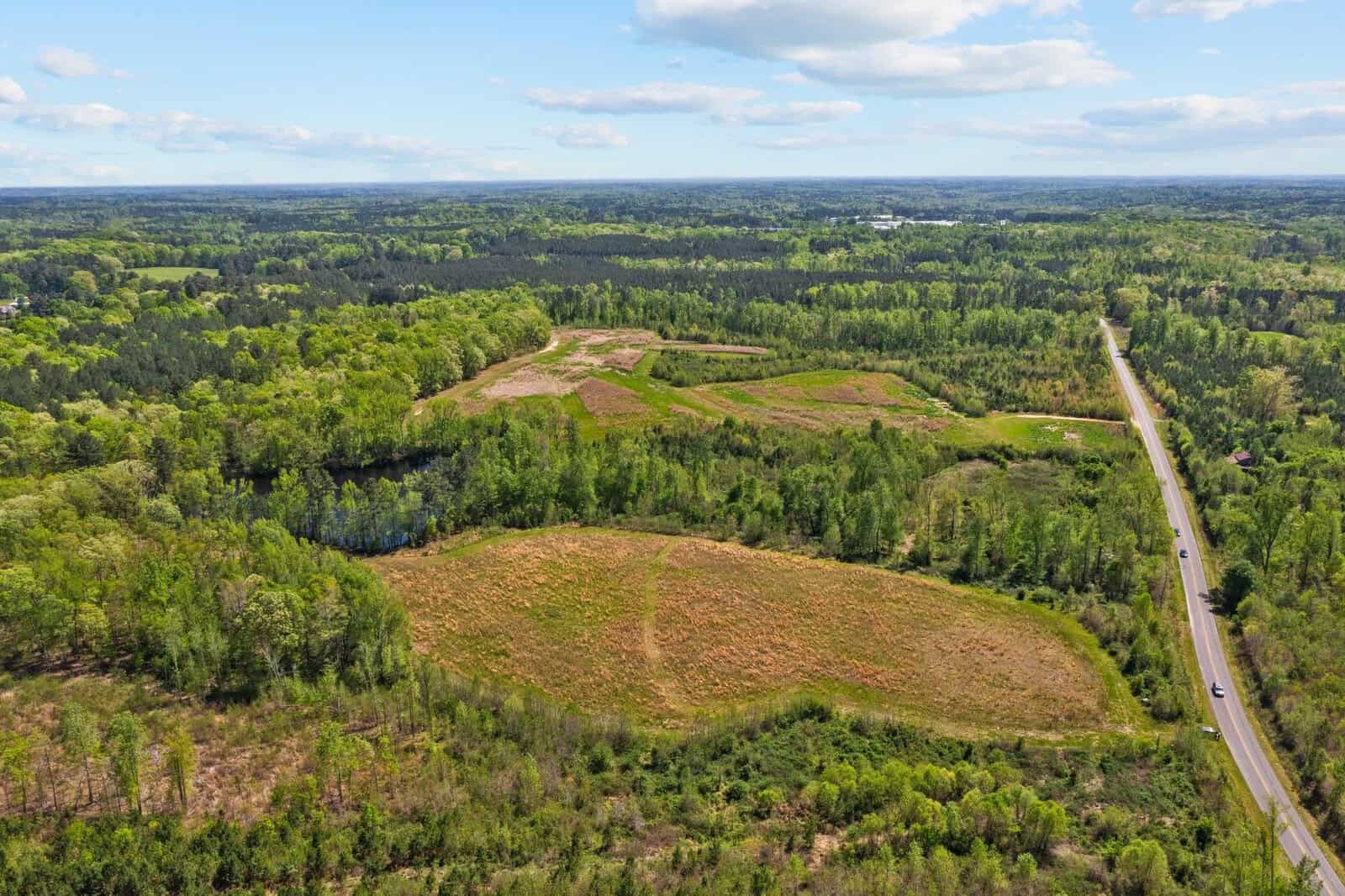 Aerial view of a lush green landscape with dense forests, open fields, and a winding road on the right. The sky is partly cloudy, and patches of sunlight illuminate the area, creating a serene and picturesque scene.